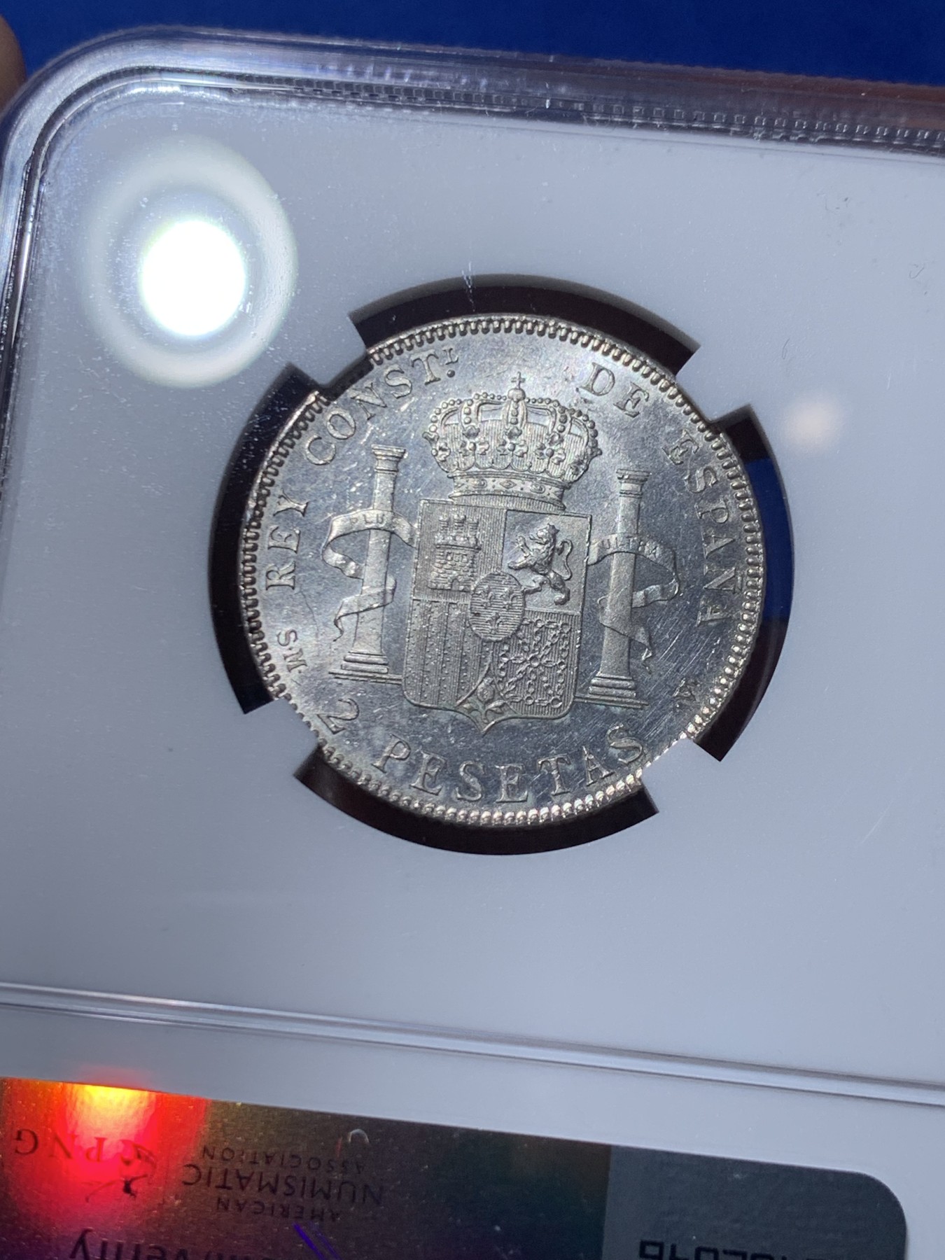 《竞宝斋》第260场-周日，周一，周二 3场连拍 (全场包邮) NGC MS62 西班牙1905阿方索十三世2比塞塔银币