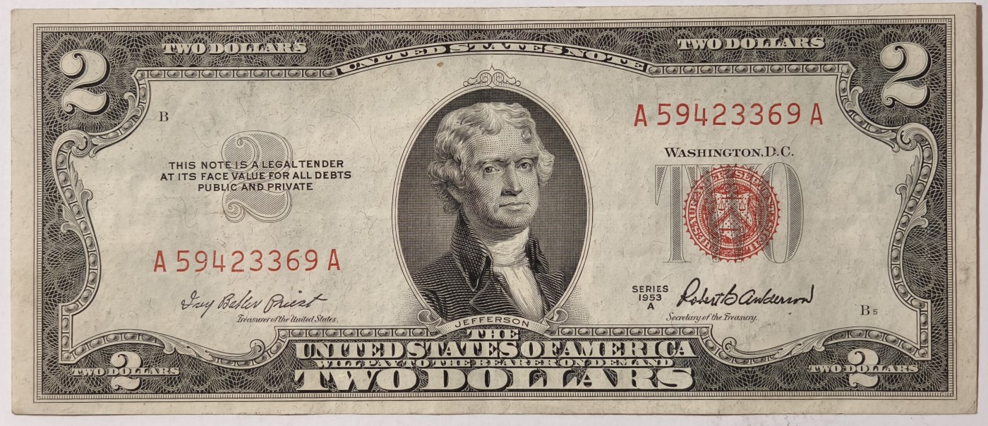 紫瑗钱币——第341期拍卖——纸币场 美国 1953年 A序列 托马斯·杰斐逊 2美元 红印 政府券 AU