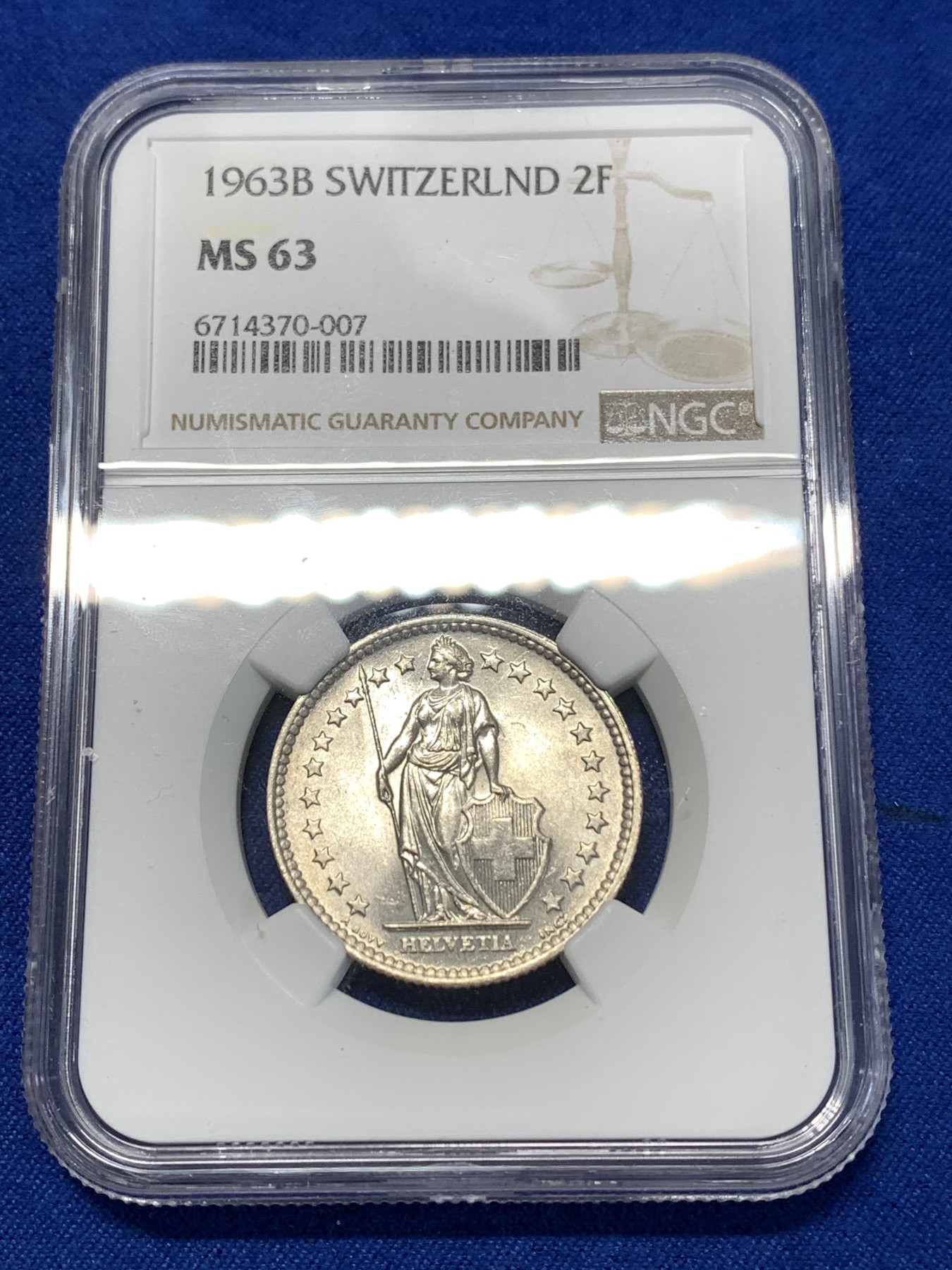 《竞宝斋》第260场-周日，周一，周二 3场连拍 (全场包邮) NGC MS63 瑞士 1963年 赫尔维蒂亚 雪山女神 2法郎 银币