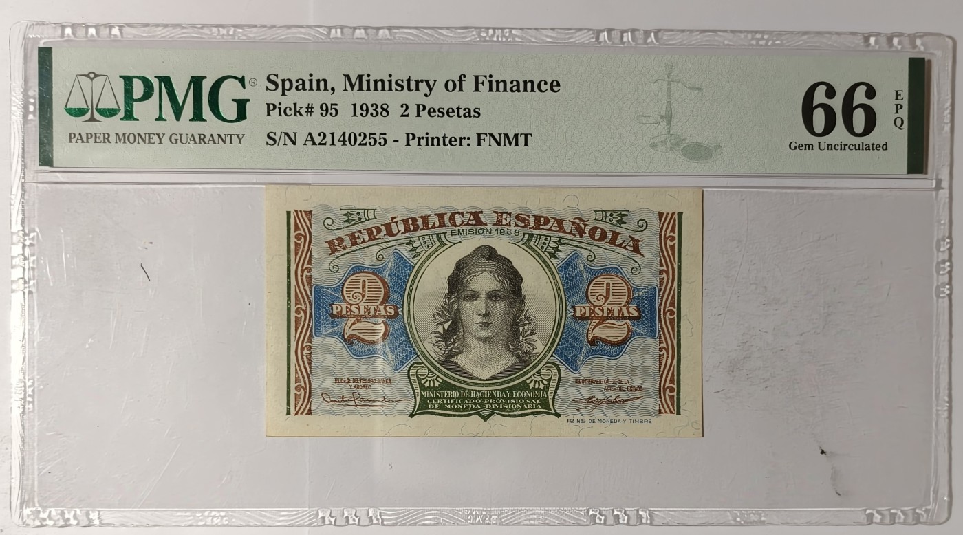 紫瑗钱币——第341期拍卖——纸币场 【PMG 66EPQ】西班牙 1938年 第二共和国 2比塞塔 