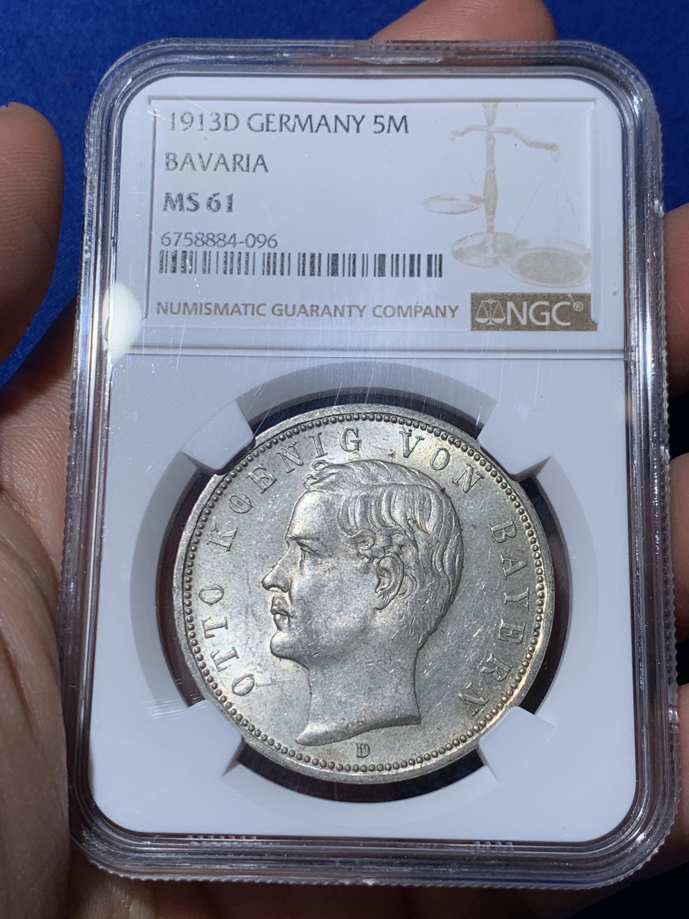 《竞宝斋》第260场-周日，周一，周二 3场连拍 (全场包邮) NGC MS61 德国 1913年 巴伐利亚 奥托国王 疯王 5马克 银币