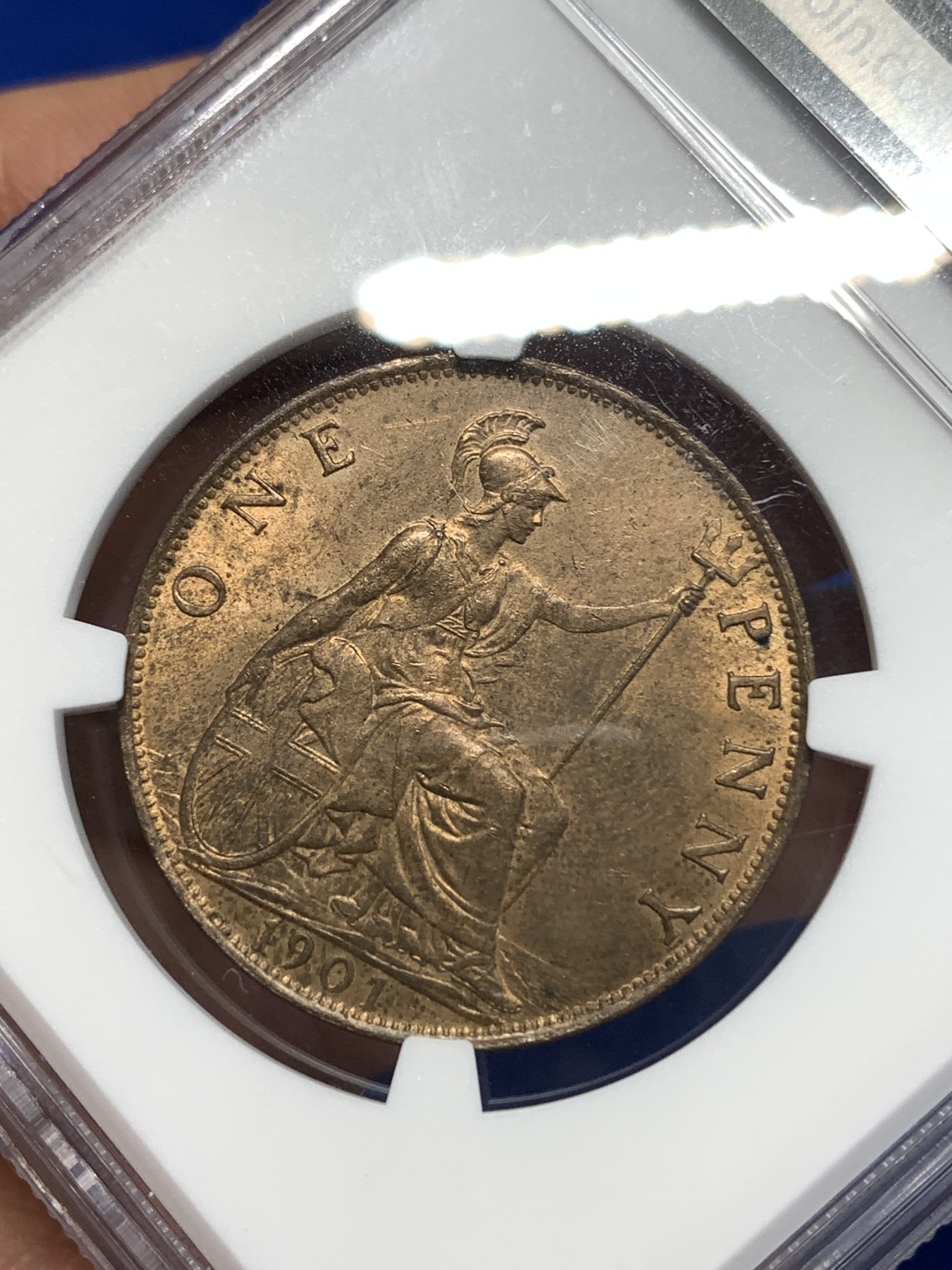 《竞宝斋》第260场-周日，周一，周二 3场连拍 (全场包邮) NGC MS63RB 英国1901年老维1便士铜币