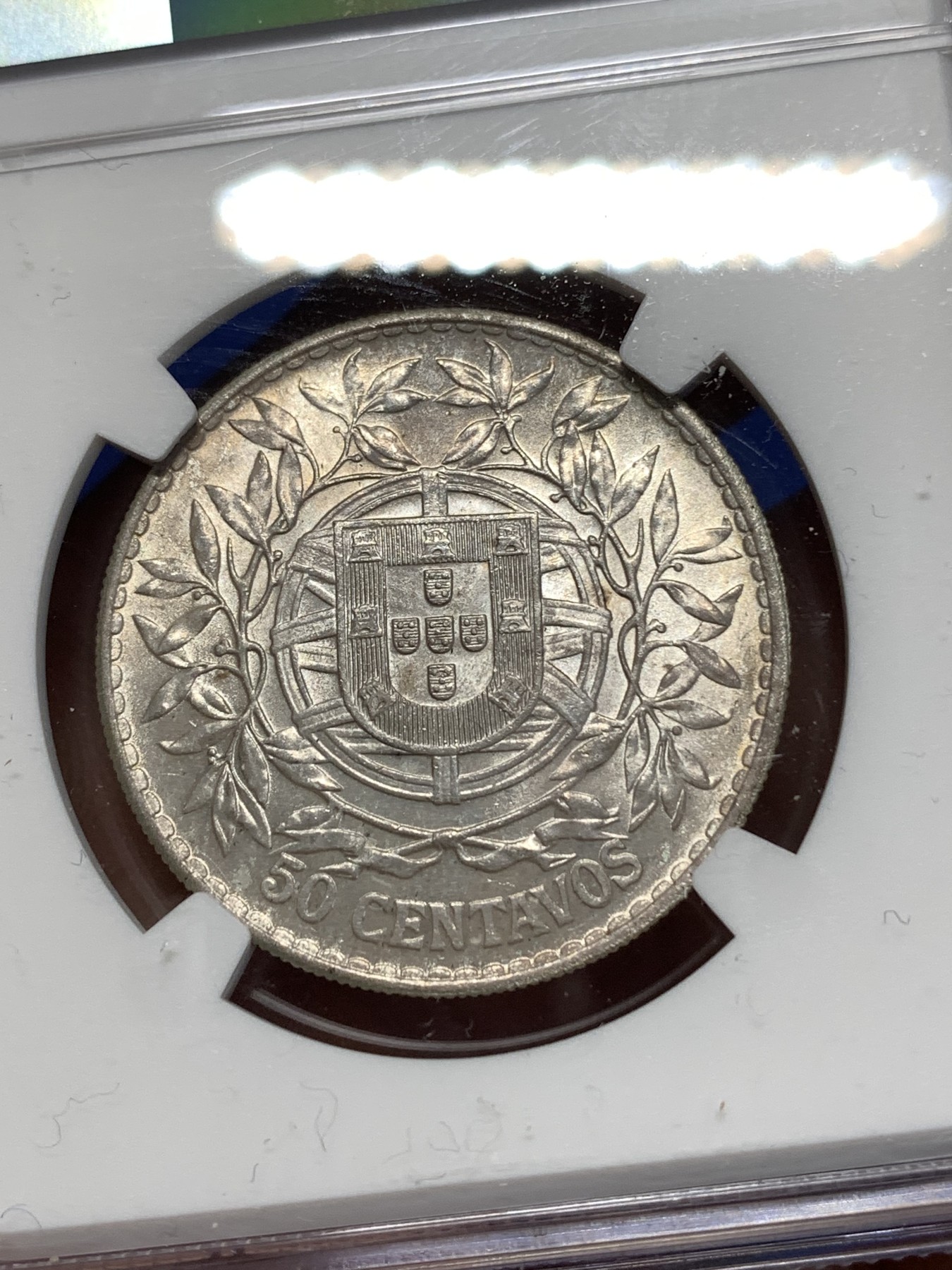 《竞宝斋》第260场-周日，周一，周二 3场连拍 (全场包邮) NGC MS62 葡萄牙1916年 自由女神半圆 50分银币