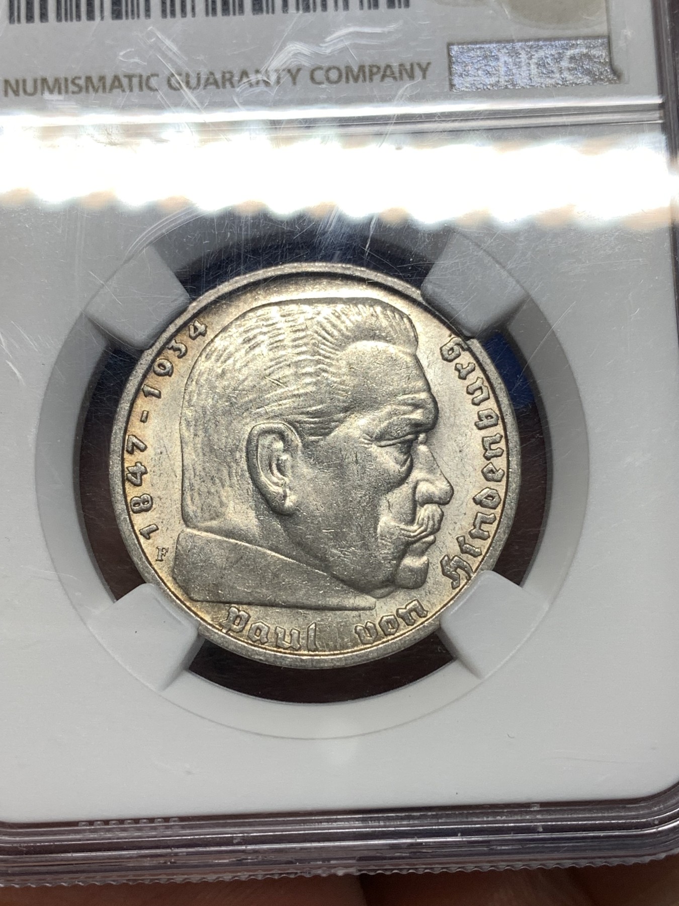 《竞宝斋》第260场-周日，周一，周二 3场连拍 (全场包邮) NGC MS63 德国1938F兴登堡原光5马克银币，发行量74W，少见厂别