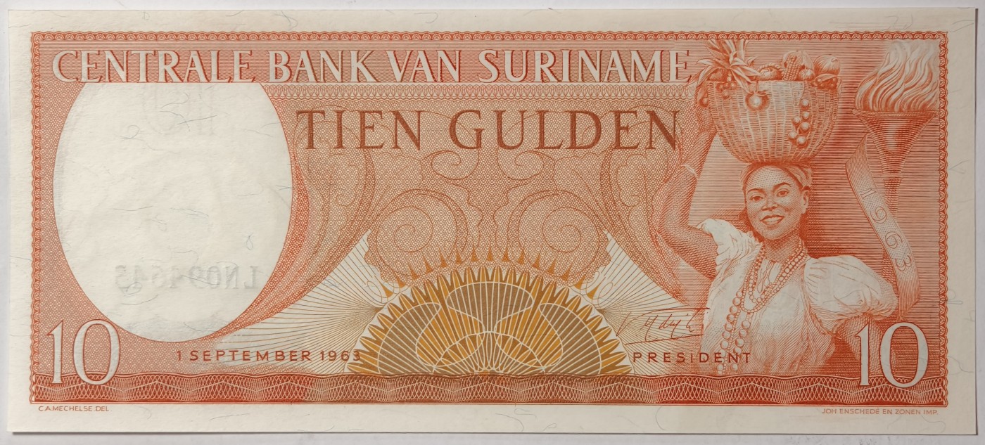 紫瑗钱币——第357期拍卖—— 纸币场 苏里南 1963年 土著妇女 10盾 绝品 UNC