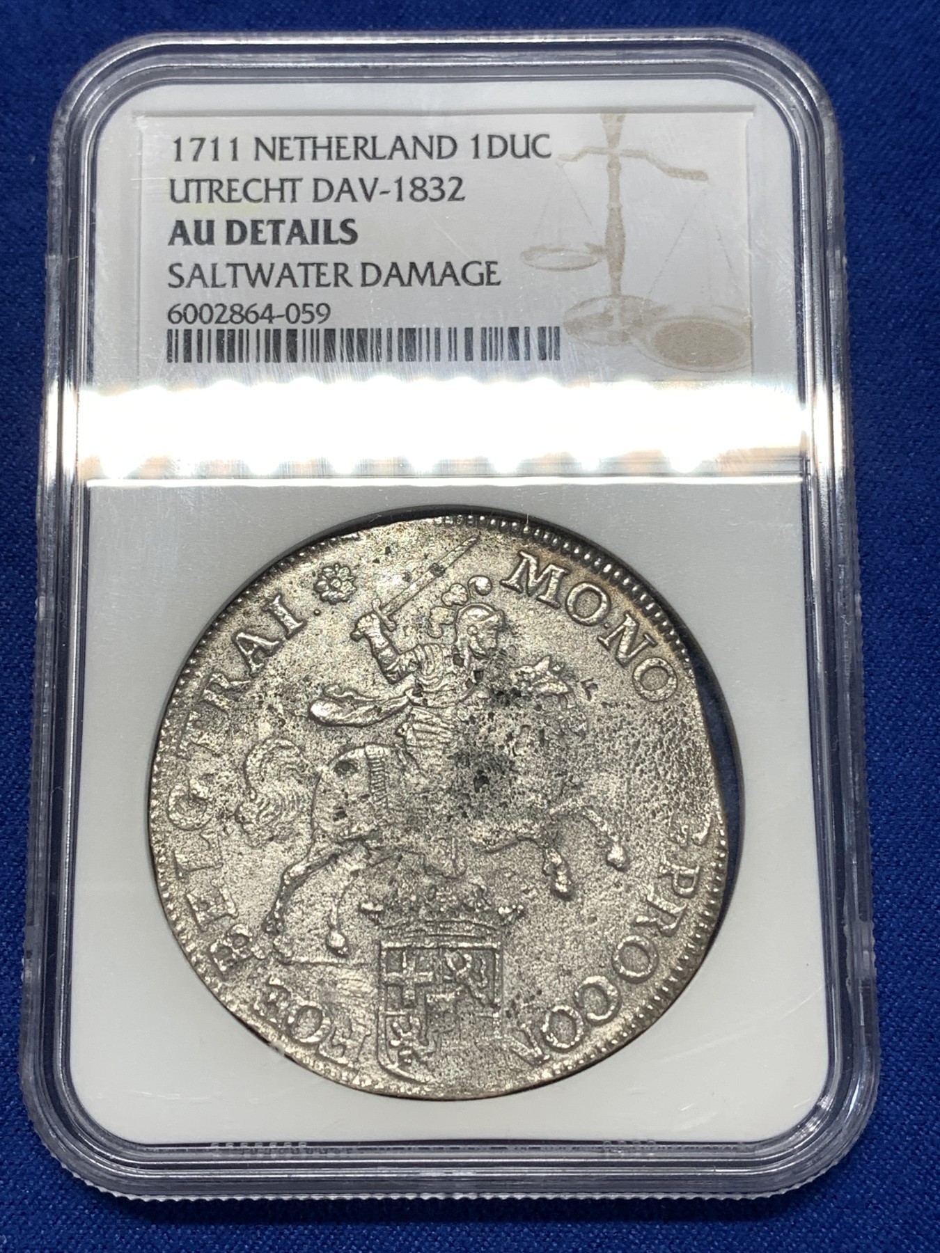 《竞宝斋》第260场-周日，周一，周二 3场连拍 (全场包邮) NGC AUD 荷兰1711年乌得勒支杜卡特骑士大马剑银币 难得的海捞币 尽管受到海水侵蚀 但整体细节仍不错