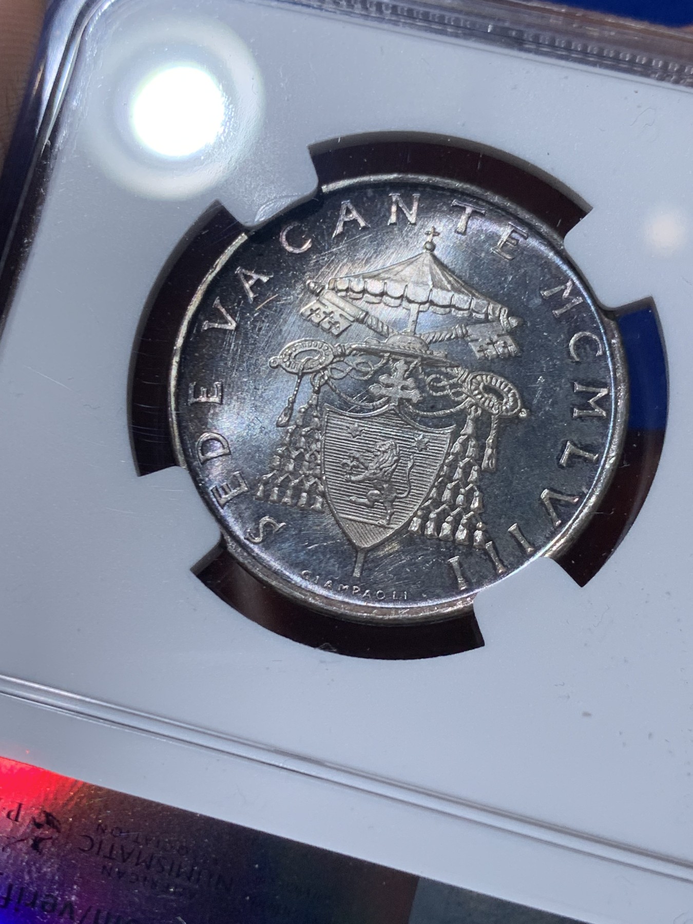 《竞宝斋》第260场-周日，周一，周二 3场连拍 (全场包邮) NGC MS65 梵蒂冈1958年教皇缺位500里拉银币 高分好状态