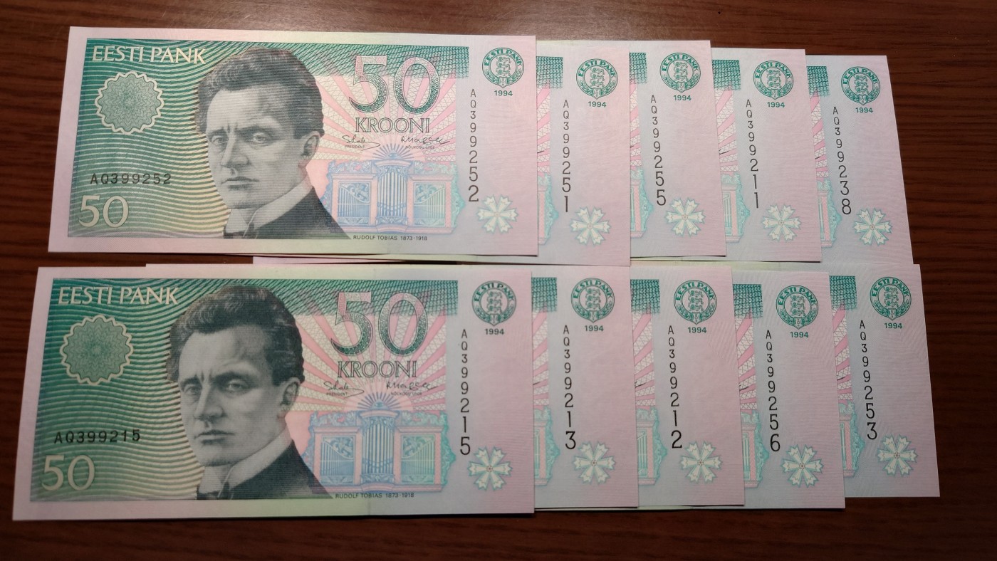 【世界钱币】精选微拍第102期暨2024年第13期  部分卖剩货品继续拍 1994年爱沙尼亚50克朗 如图10张无47为一件一起拍 全新绝品