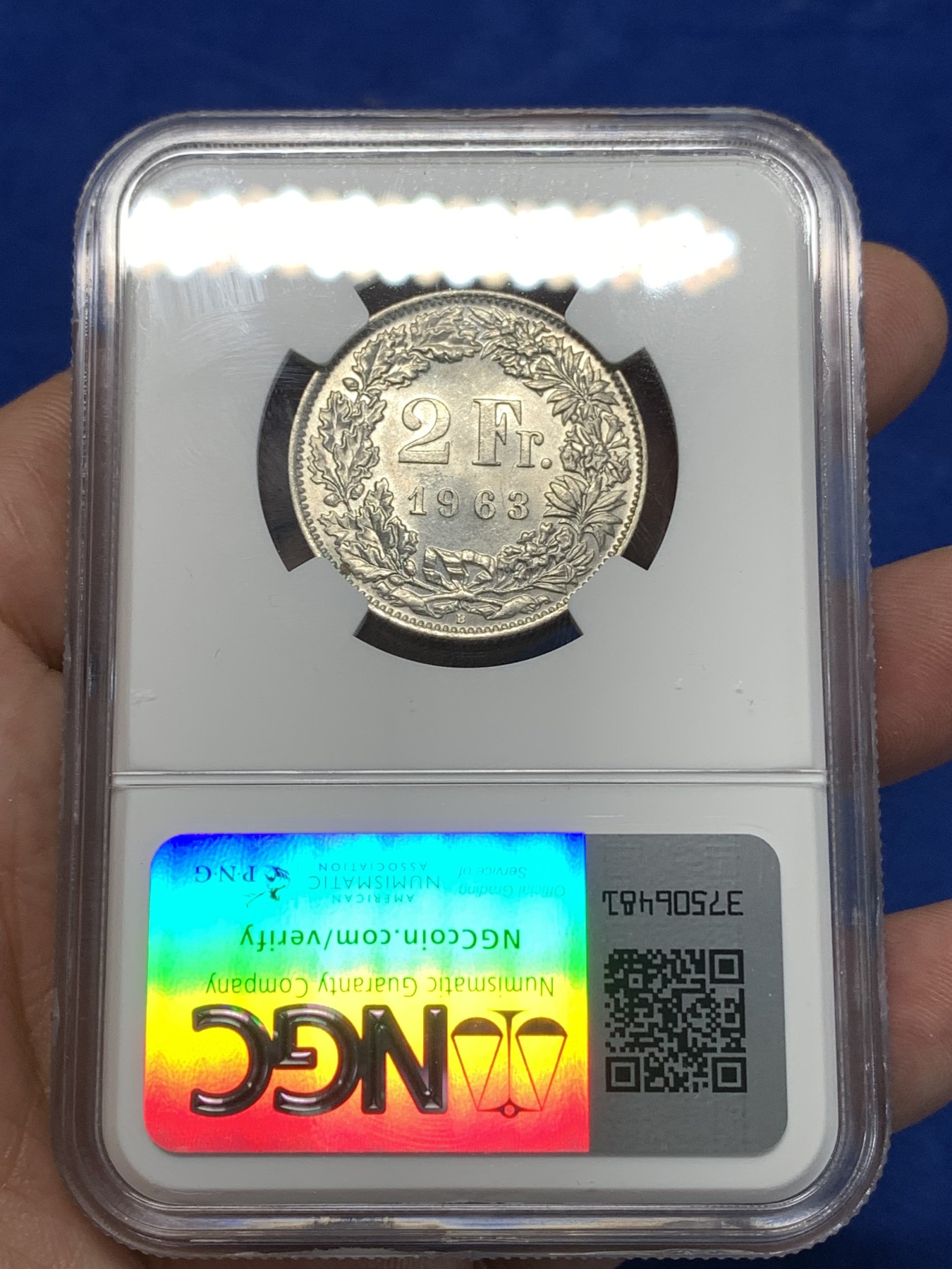 《竞宝斋》第260场-周日，周一，周二 3场连拍 (全场包邮) NGC MS63 瑞士 1963年 赫尔维蒂亚 雪山女神 2法郎 银币