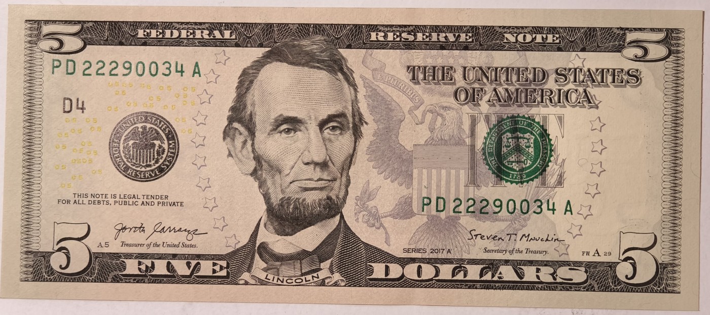 紫瑗钱币——第341期拍卖——纸币场 美国 2017年 D版 A序列 亚伯拉罕·林肯 5美元 彩色版 UNC