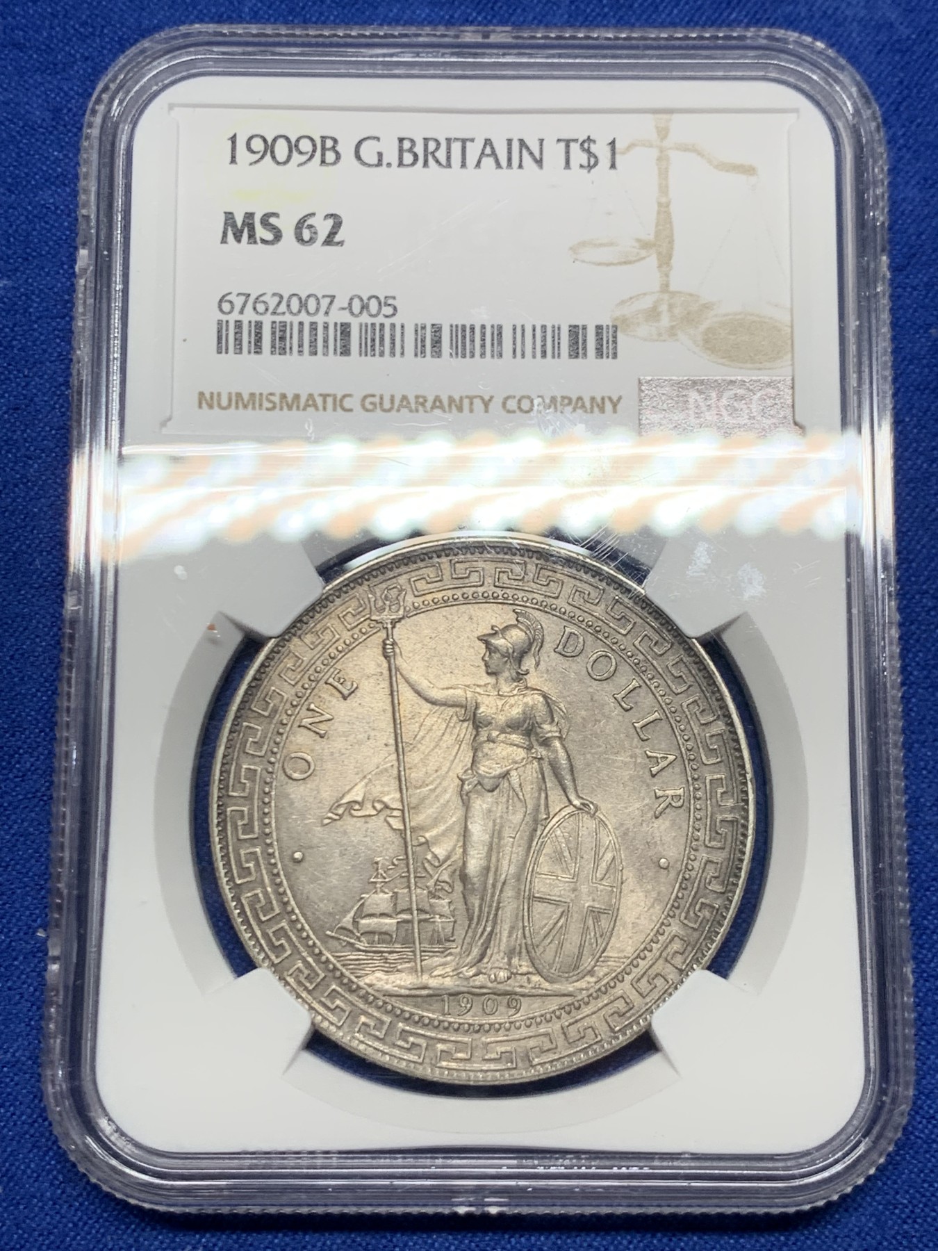 《竞宝斋》第260场-周日，周一，周二 3场连拍 (全场包邮) NGC MS62 英国 1909年B版 站洋 银元 不多见的年份 原味包浆 看着舒服