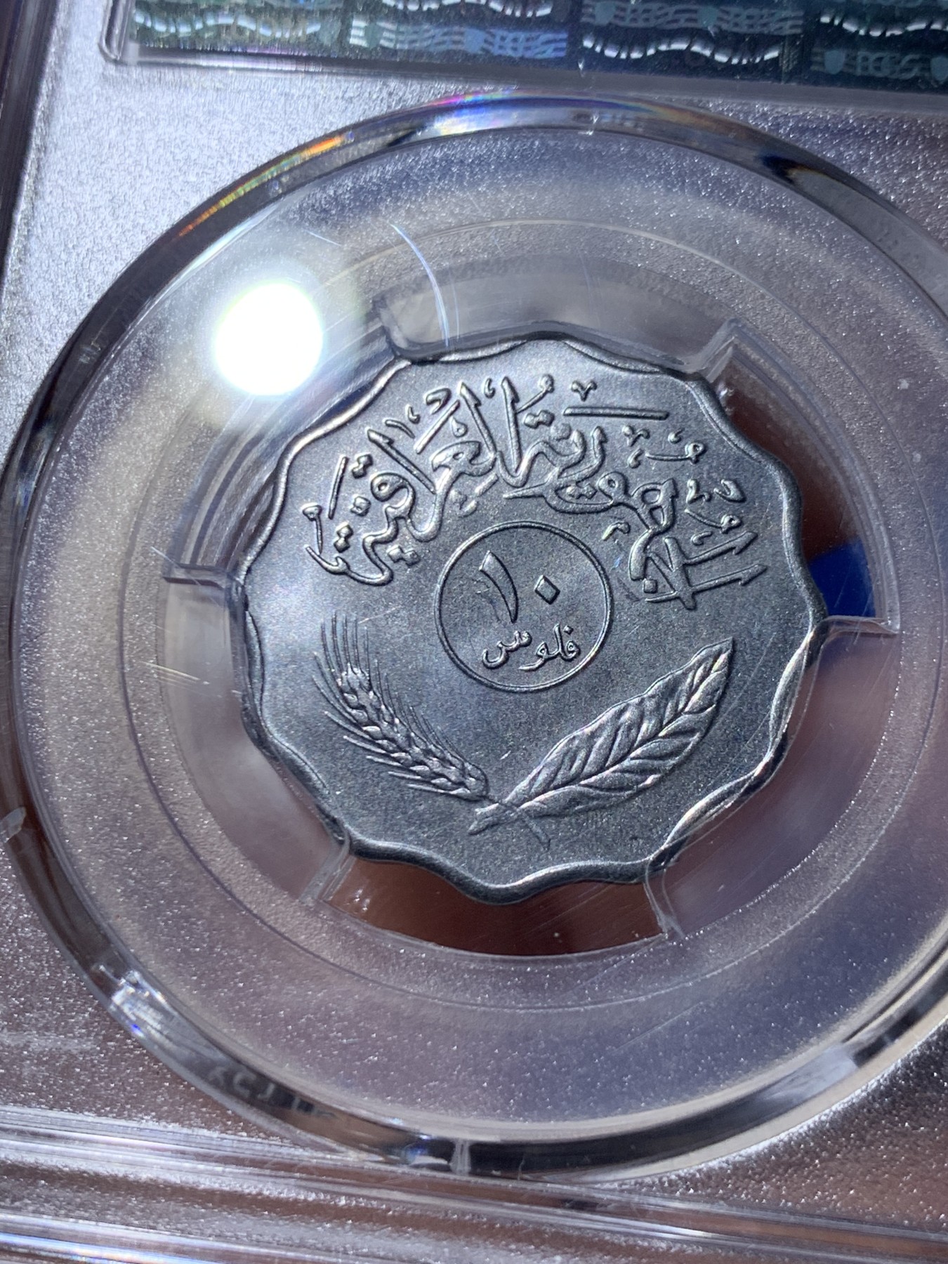 《竞宝斋》第260场-周日，周一，周二 3场连拍 (全场包邮) PCGS金盾 MS66 伊拉克1975年枣椰树10费尔不锈钢币，唯一亚军分，更高分仅一枚