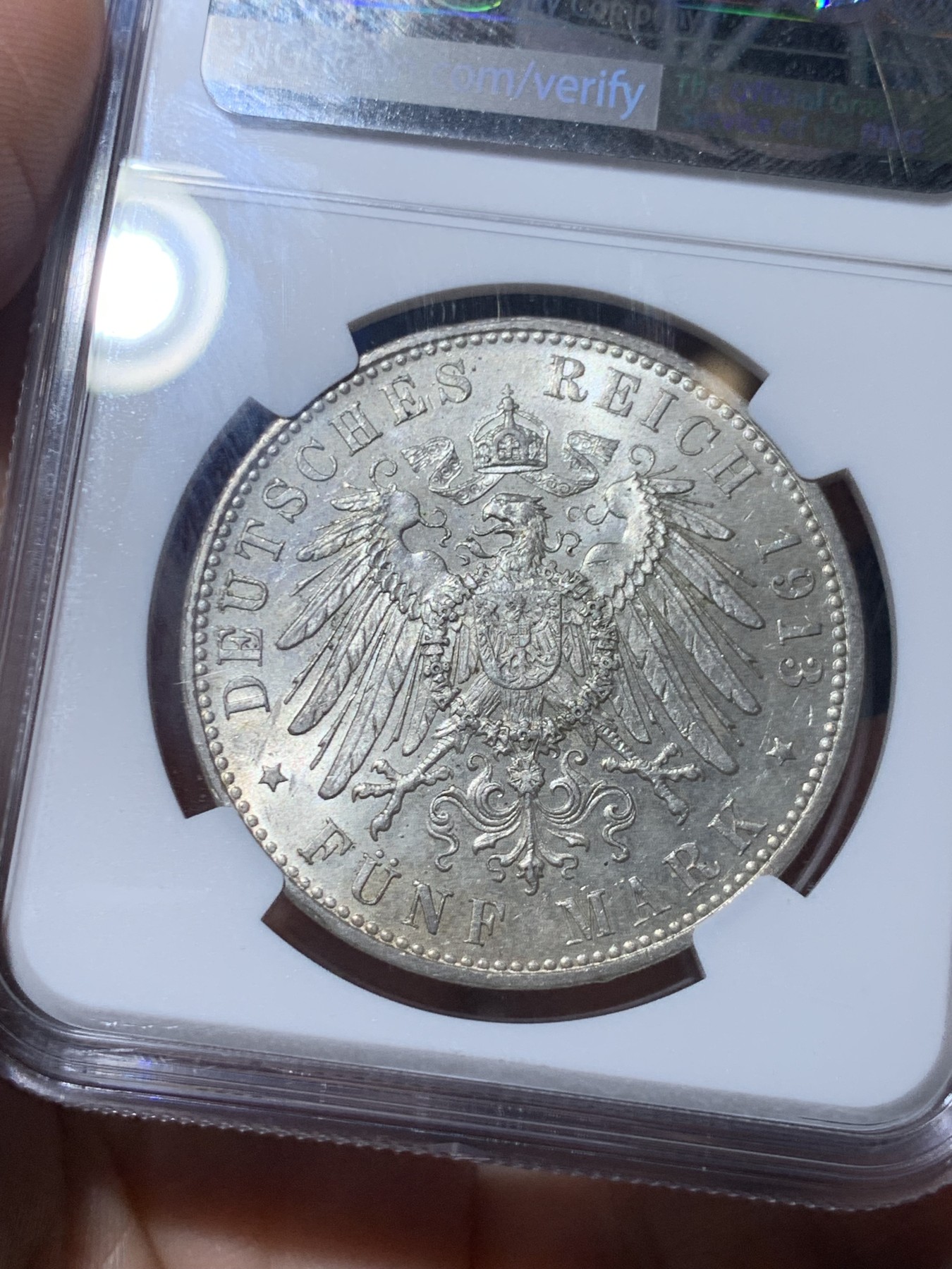 《竞宝斋》第260场-周日，周一，周二 3场连拍 (全场包邮) NGC MS61 德国 1913年 巴伐利亚 奥托国王 疯王 5马克 银币