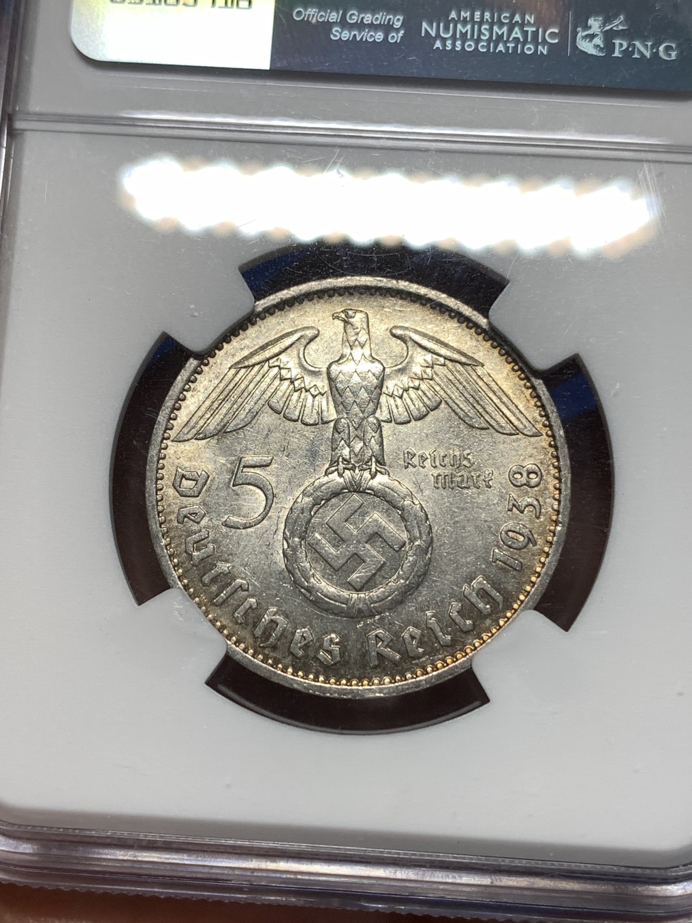 《竞宝斋》第260场-周日，周一，周二 3场连拍 (全场包邮) NGC MS63 德国1938F兴登堡原光5马克银币，发行量74W，少见厂别