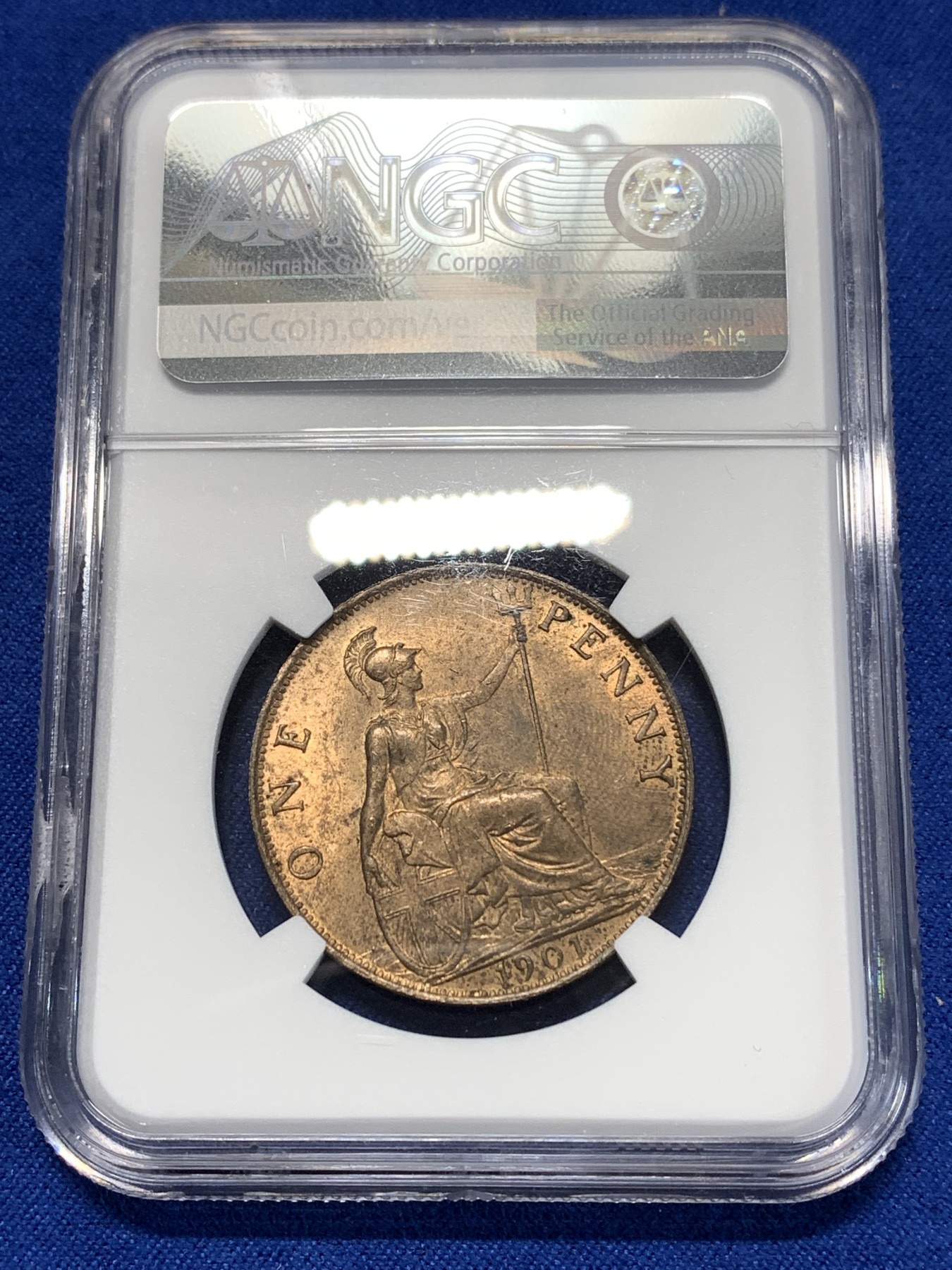 《竞宝斋》第260场-周日，周一，周二 3场连拍 (全场包邮) NGC MS63RB 英国1901年老维1便士铜币