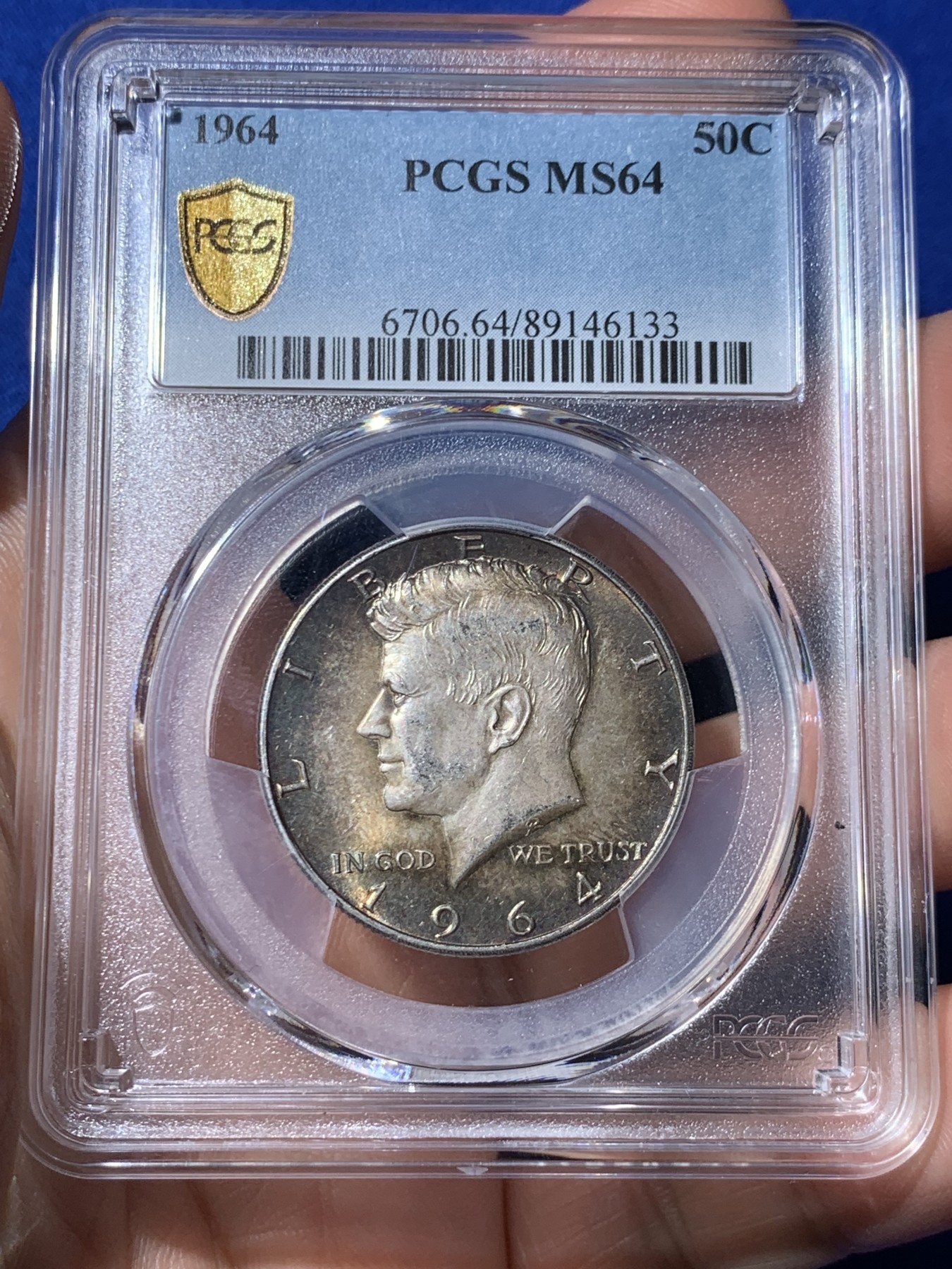 《竞宝斋》第260场-周日，周一，周二 3场连拍 (全场包邮) PCGS MS64 美国1964年肯尼迪50美分银币 900高银版 双面带彩非常漂亮
