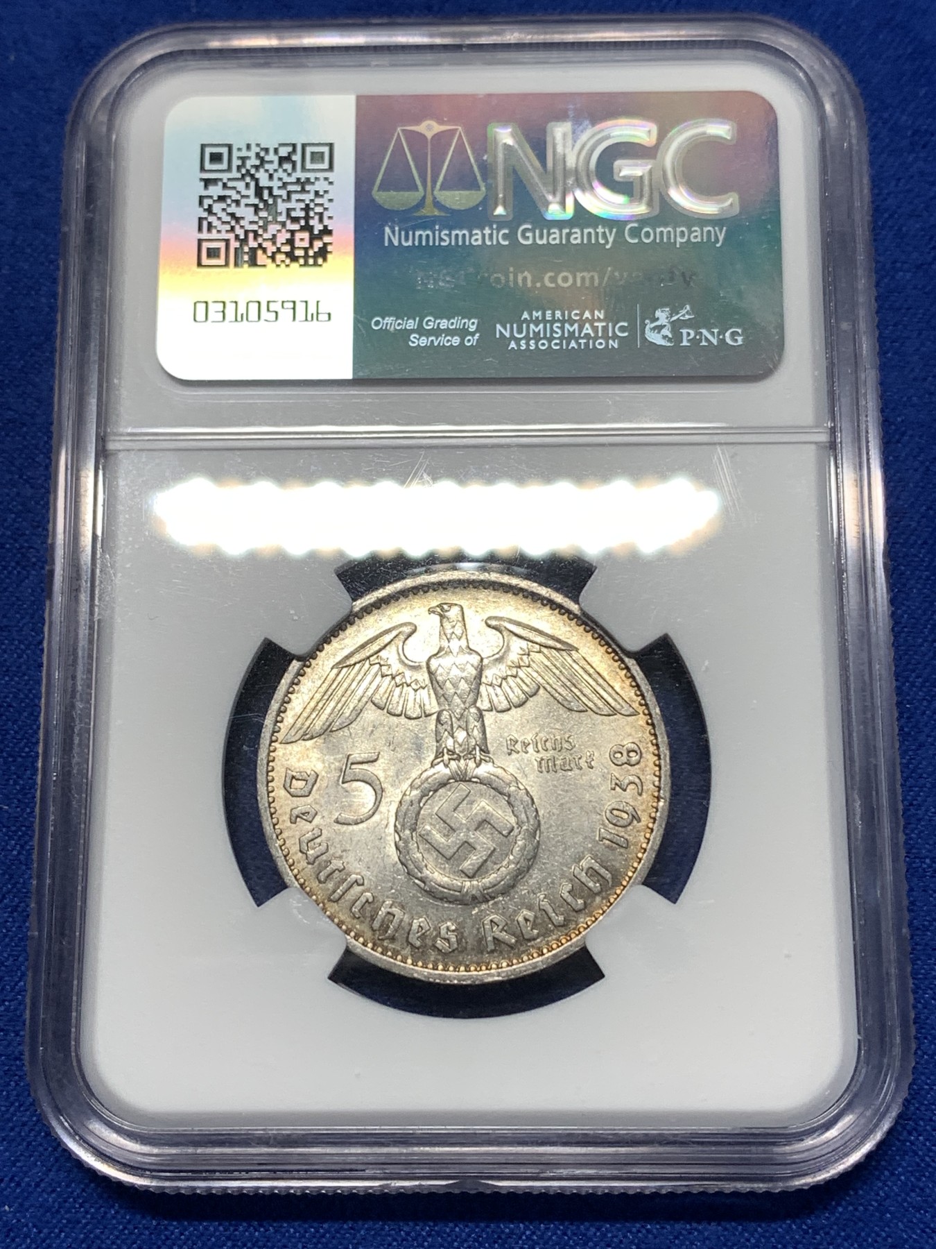 《竞宝斋》第260场-周日，周一，周二 3场连拍 (全场包邮) NGC MS63 德国1938F兴登堡原光5马克银币，发行量74W，少见厂别