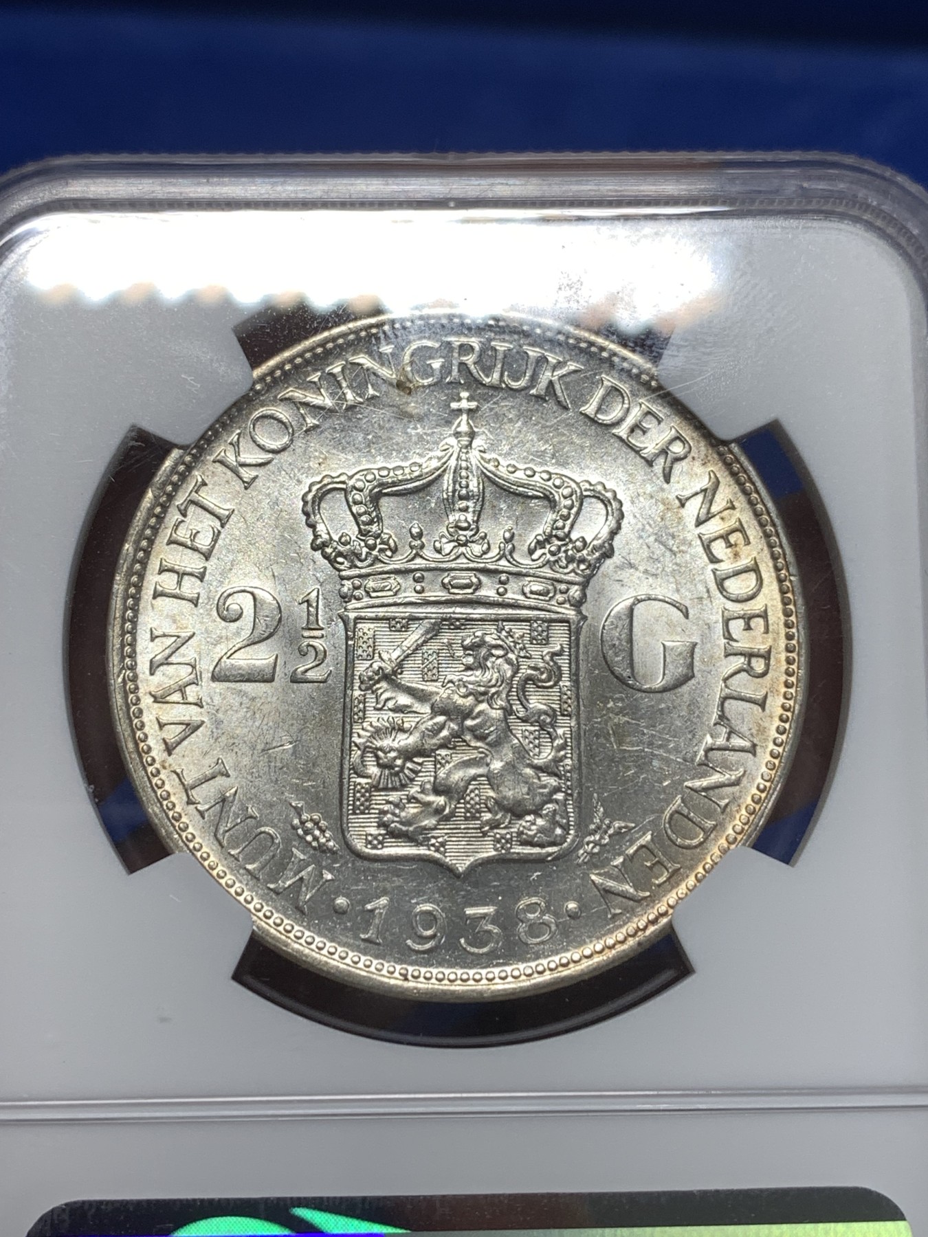 《竞宝斋》第260场-周日，周一，周二 3场连拍 (全场包邮) NGC MS61 荷兰 1938年 威廉明娜女王2.5G银币