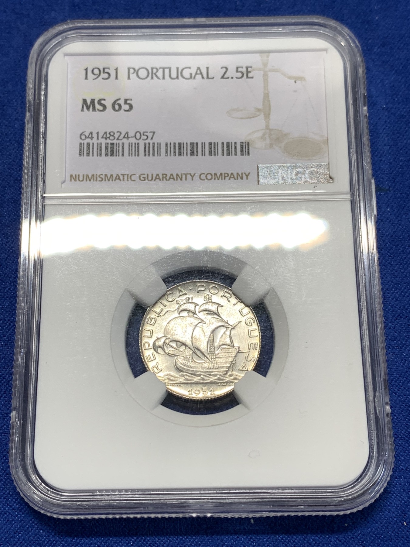 《竞宝斋》第260场-周日，周一，周二 3场连拍 (全场包邮) NGC MS65 葡萄牙  1951年  2.5埃斯库多 银币