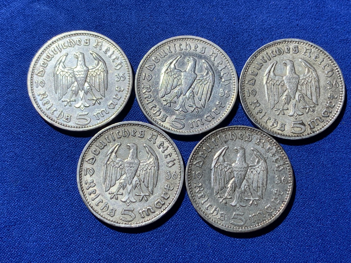 《竞宝斋》第260场-周日，周一，周二 3场连拍 (全场包邮) 5枚一组 德国兴登堡鹰版5马克银币 1935年两枚+1936年三枚