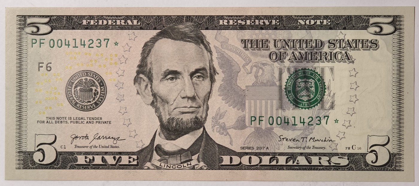 紫瑗钱币——第341期拍卖——纸币场 【补号】美国 2017年 F版 A序列 亚伯拉罕·林肯 5美元 彩色版 UNC