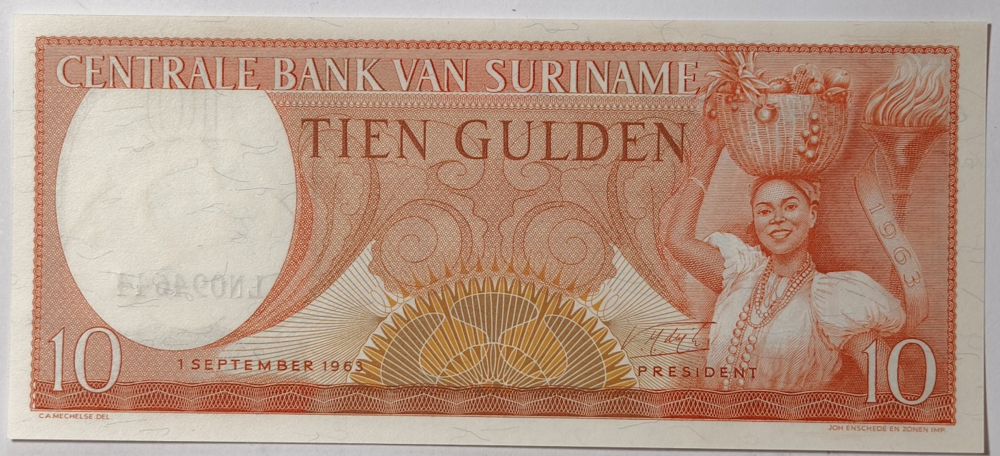 紫瑗钱币——第341期拍卖——纸币场 苏里南 1963年 土著妇女 10盾 绝品 UNC