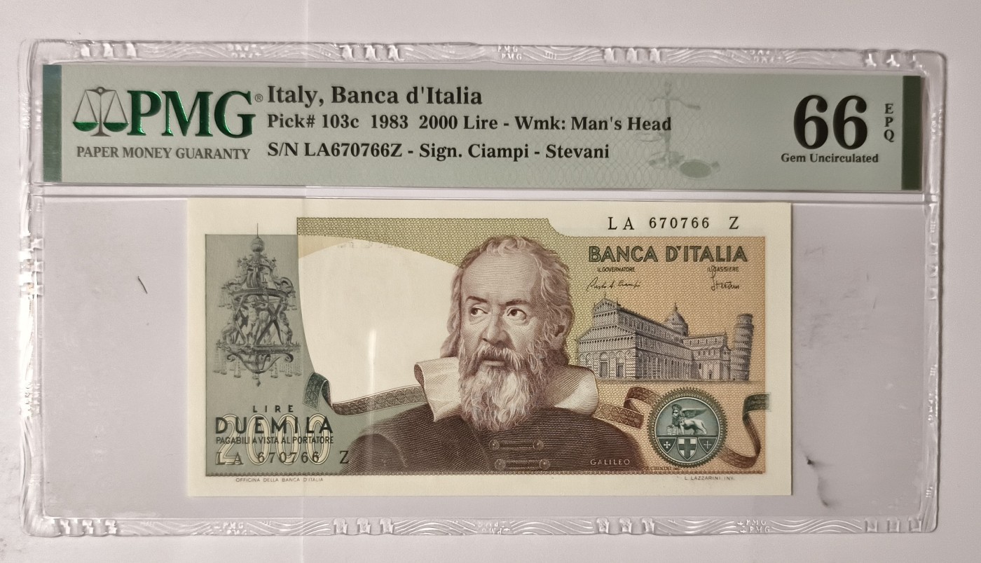 紫瑗钱币——第341期拍卖——纸币场 【PMG 66EPQ 双尾6】意大利 1983年 伽利略 2000里拉 （P-103C）