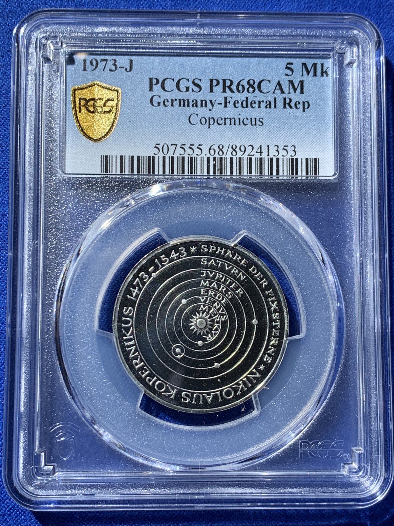 《竞宝斋》第260场-周日，周一，周二 3场连拍 (全场包邮) PCGS金盾 PR68CAM 德国1973年哥白尼日心说5马克精制银币