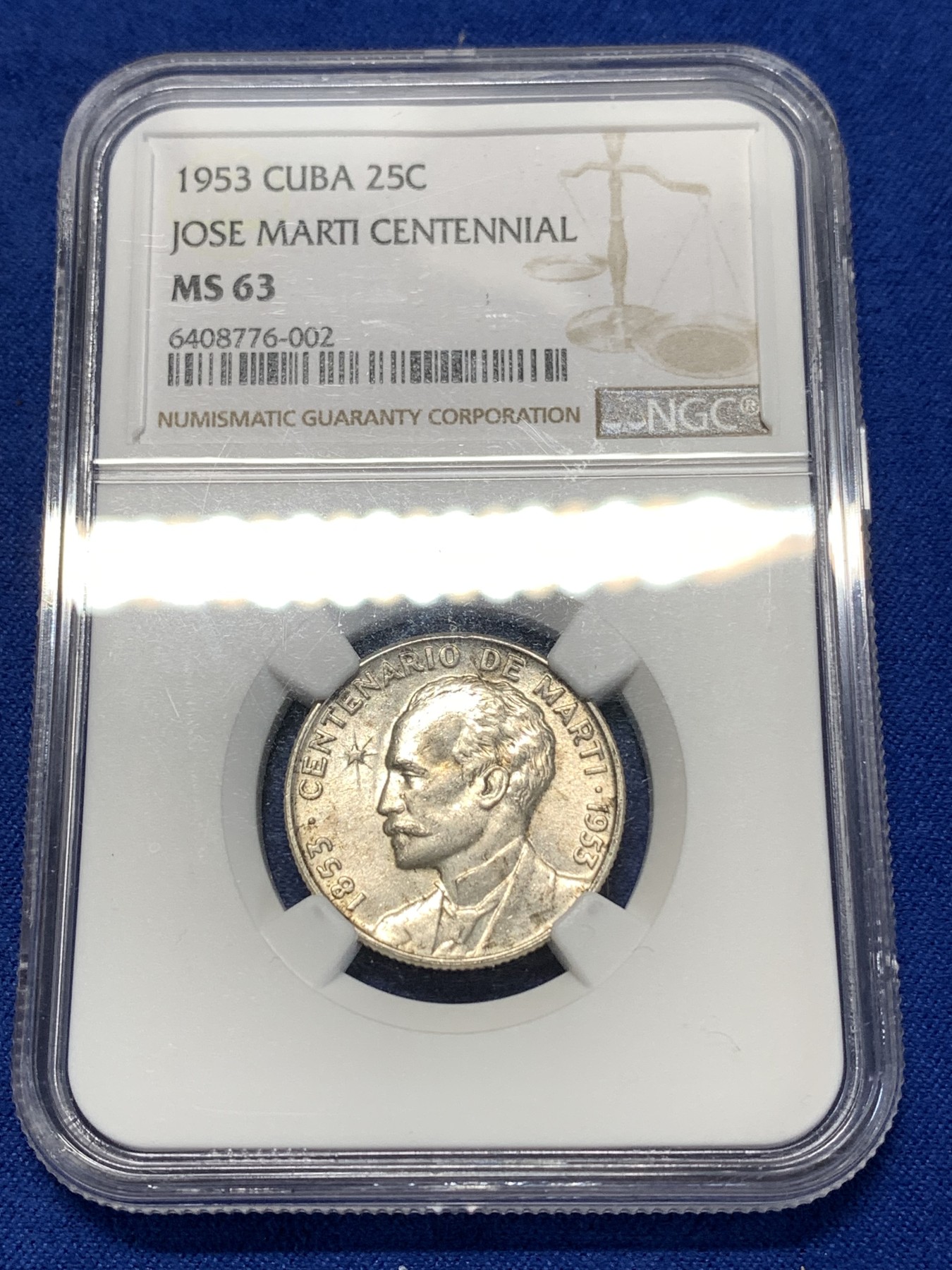 《竞宝斋》第260场-周日，周一，周二 3场连拍 (全场包邮) NGC MS63 古巴 1953年 25分 银币