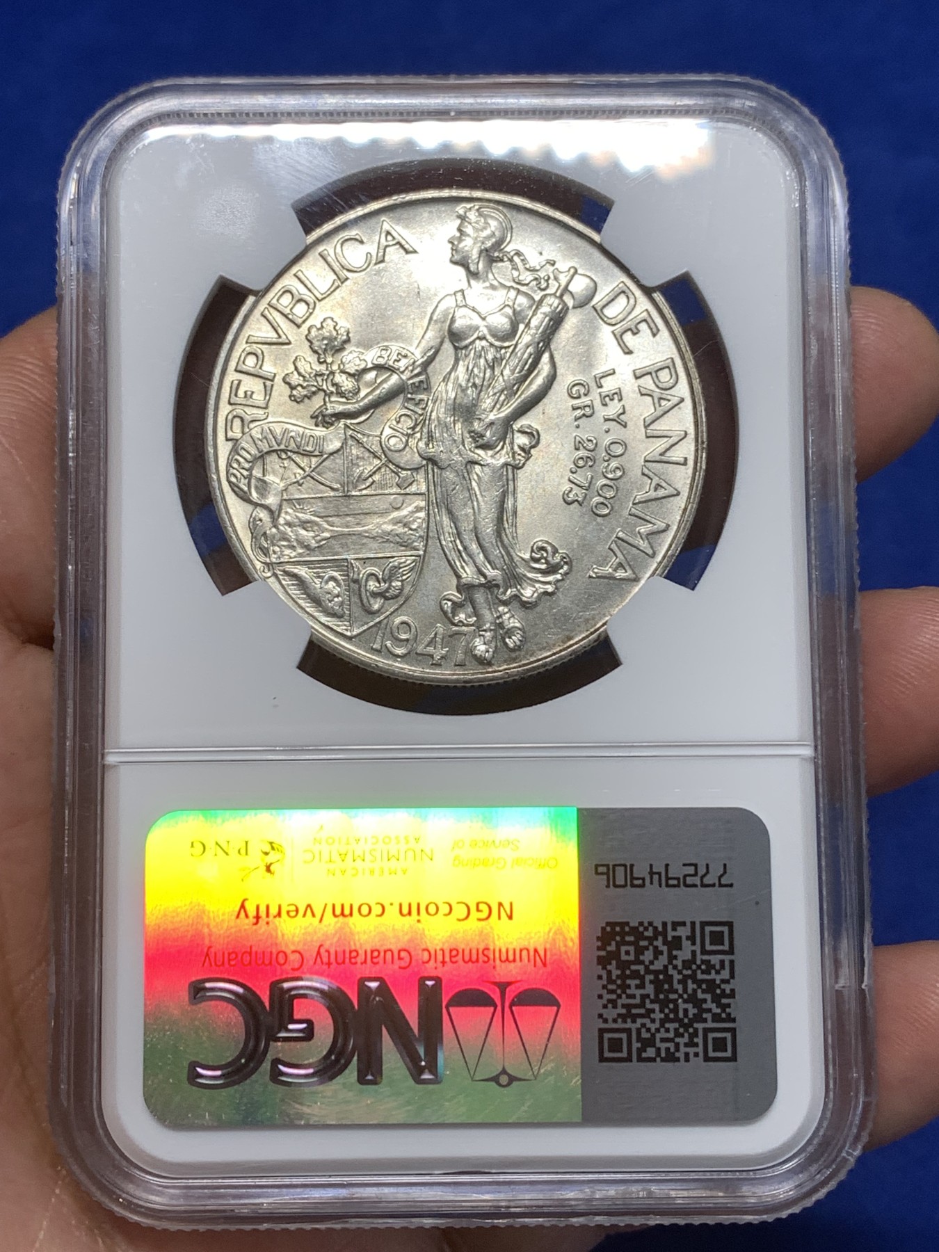 《竞宝斋》第260场-周日，周一，周二 3场连拍 (全场包邮) NGC MS62 1947年巴拿马胜利女神1波巴亚银币