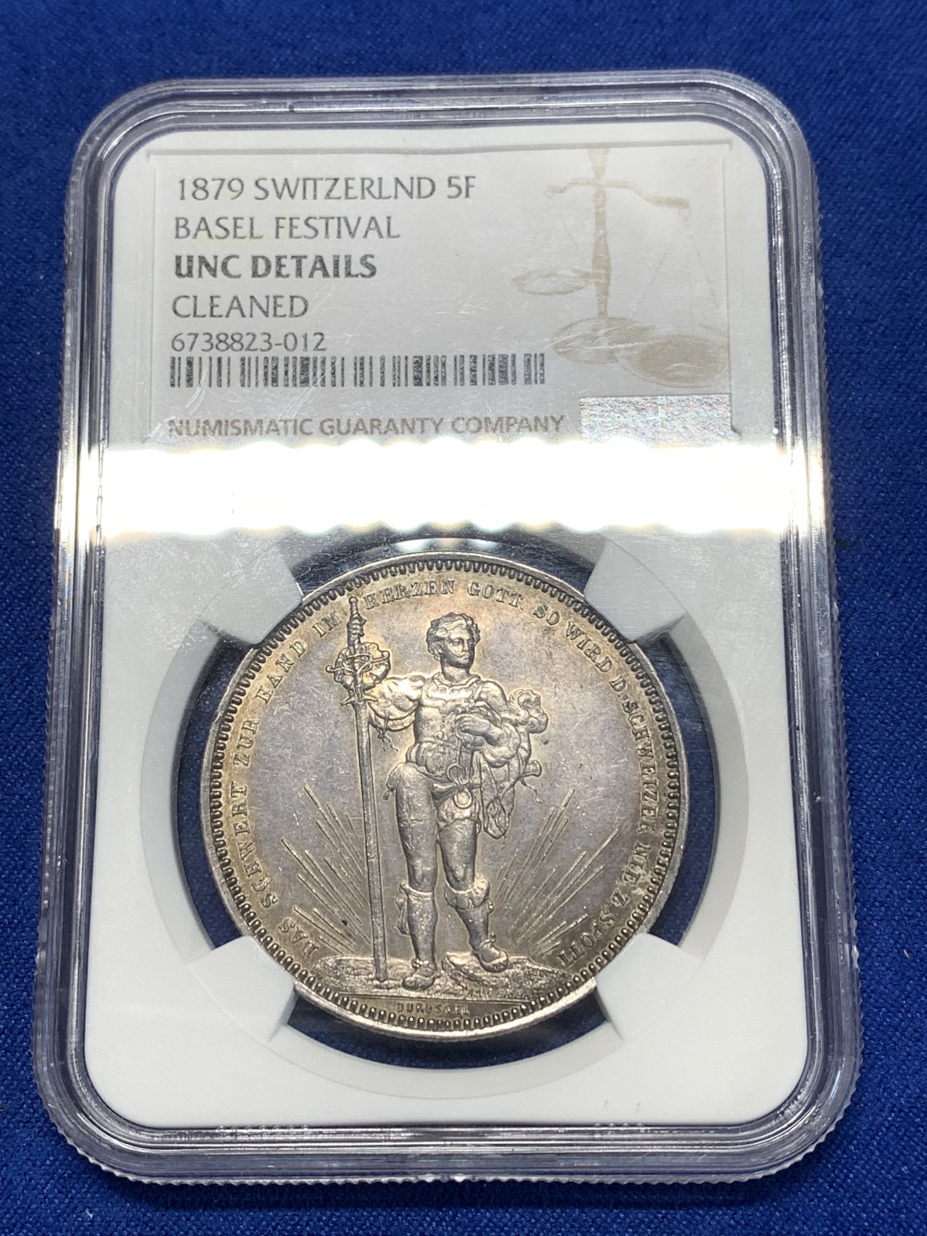 《竞宝斋》第260场-周日，周一，周二 3场连拍 (全场包邮) NGC UNCD 瑞士1879年巴塞尔射击节5法郎银币 背面经典盾徽 双面转光