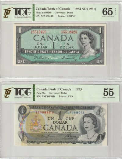 PThappally收藏第29次拍卖，英联邦地区硬币纸币 - Canada - Bank of Canada 1x2 Notes 1961/1973 1 Dollar, Pick 75b/85a, TQG 65 EPQD aUNC & 55 aUNC 