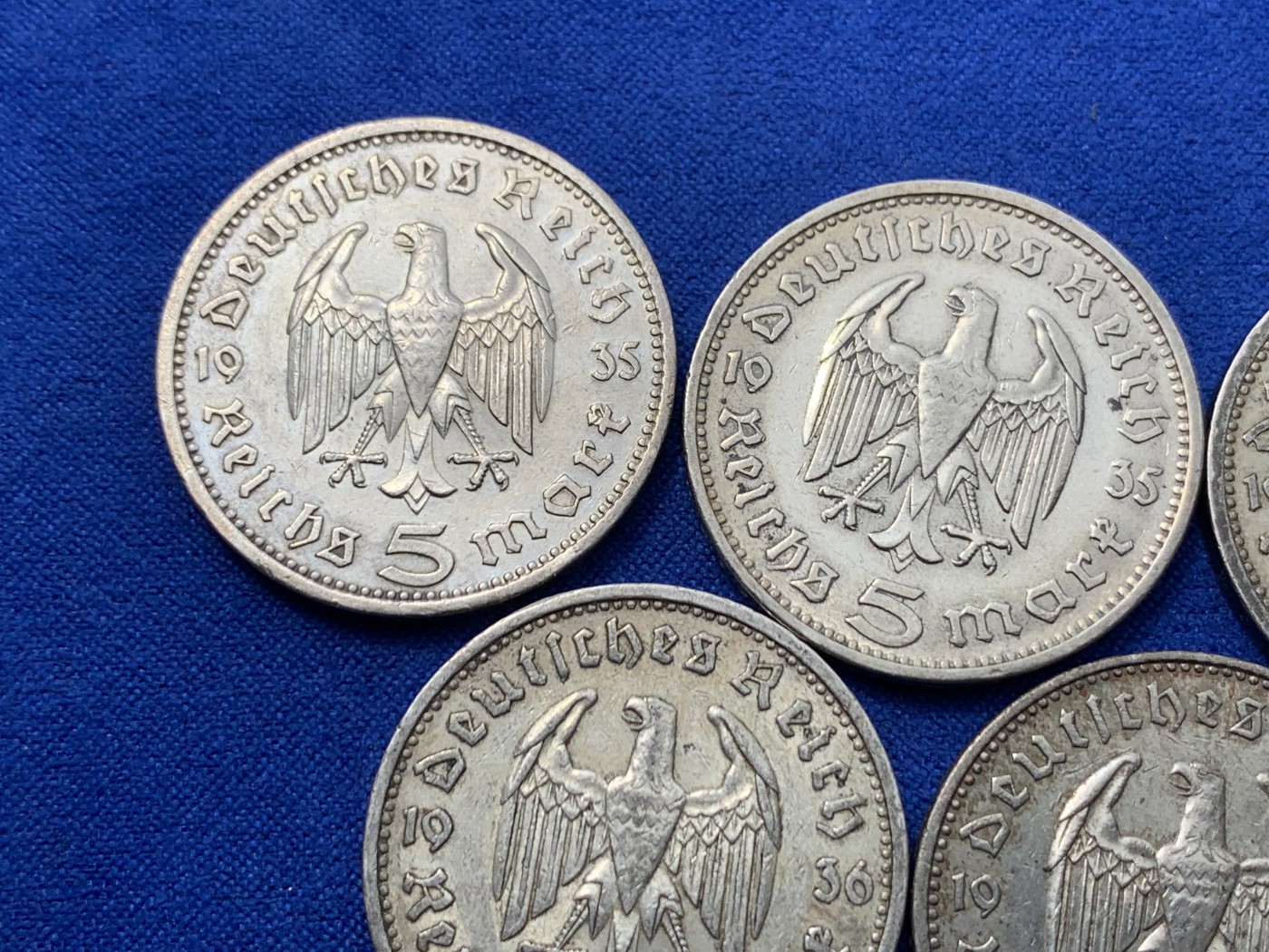 《竞宝斋》第260场-周日，周一，周二 3场连拍 (全场包邮) 5枚一组 德国兴登堡鹰版5马克银币 1935年两枚+1936年三枚