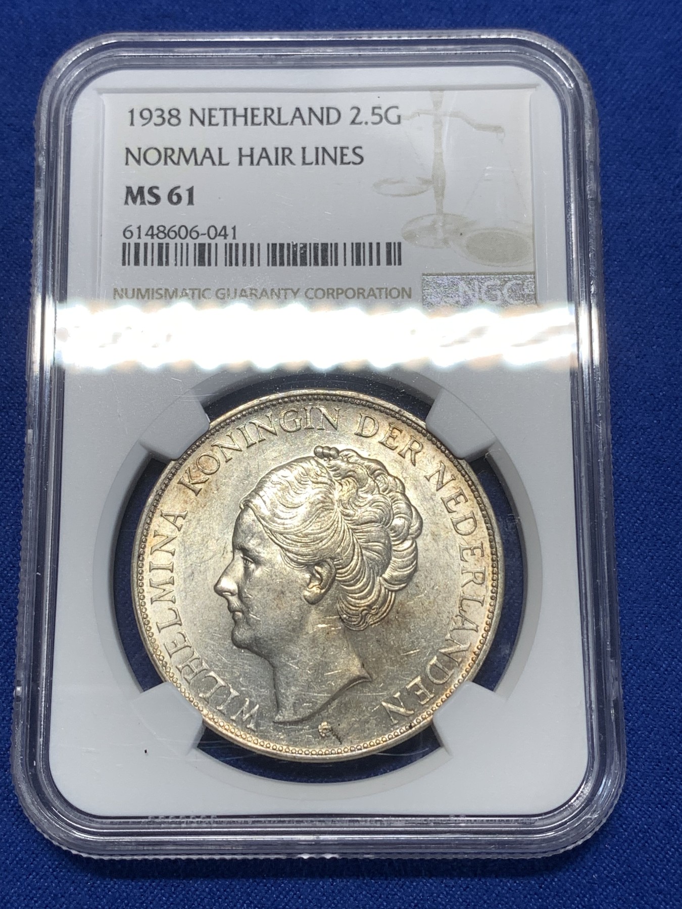 《竞宝斋》第260场-周日，周一，周二 3场连拍 (全场包邮) NGC MS61 荷兰 1938年 威廉明娜女王2.5G银币