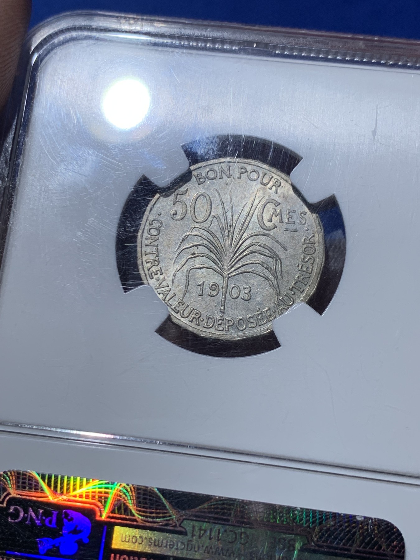 《竞宝斋》第260场-周日，周一，周二 3场连拍 (全场包邮) NGC MS62 1903年瓜德罗普法国殖民地50生丁  稀少的1903版