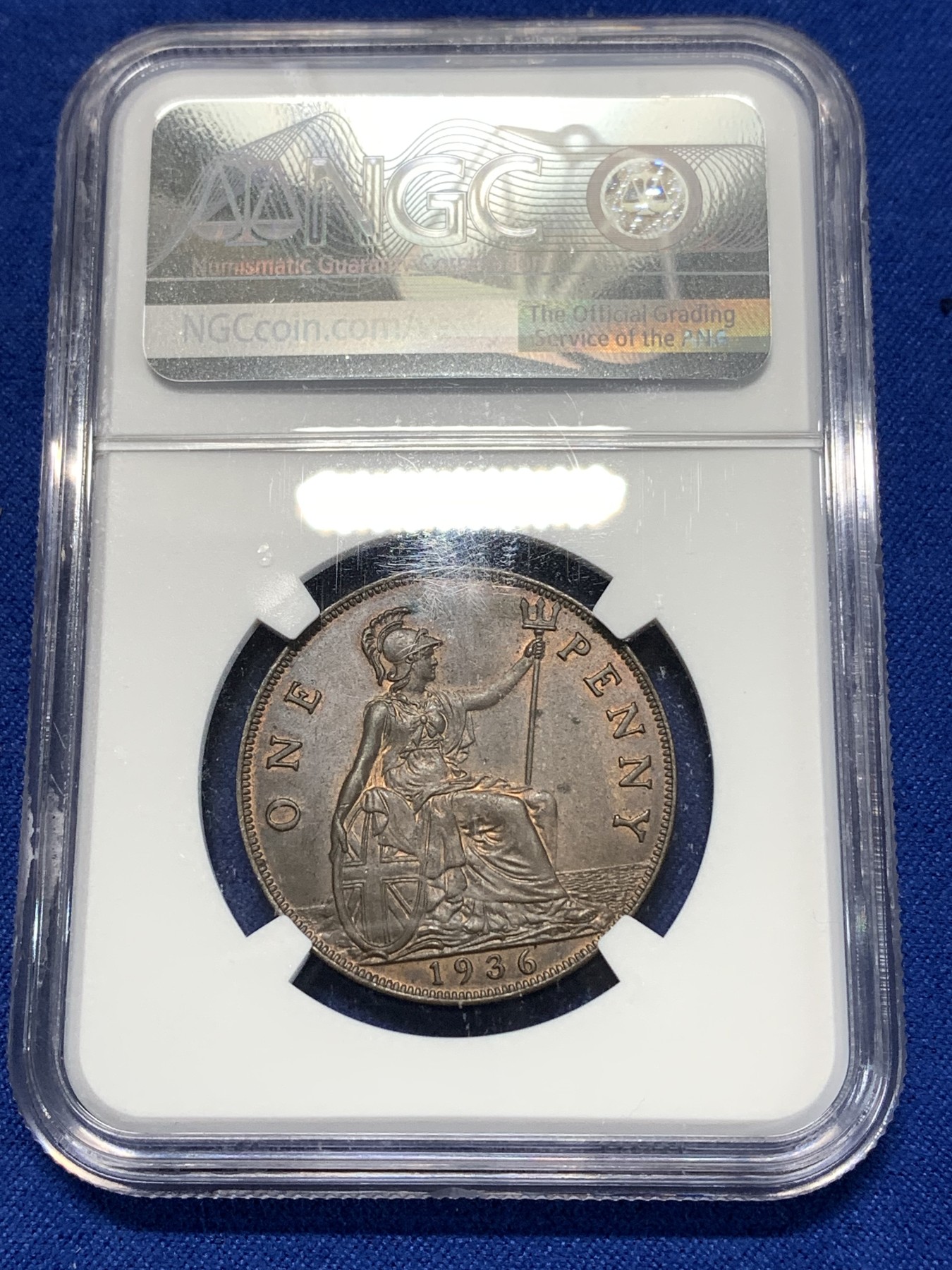 《竞宝斋》第260场-周日，周一，周二 3场连拍 (全场包邮) NGC MS63BN 英国1936年乔五1便士铜币