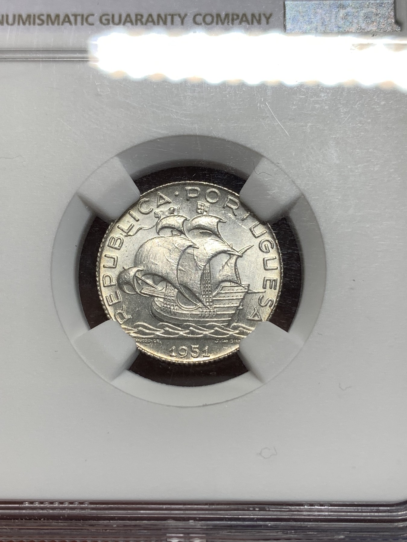 《竞宝斋》第260场-周日，周一，周二 3场连拍 (全场包邮) NGC MS65 葡萄牙  1951年  2.5埃斯库多 银币