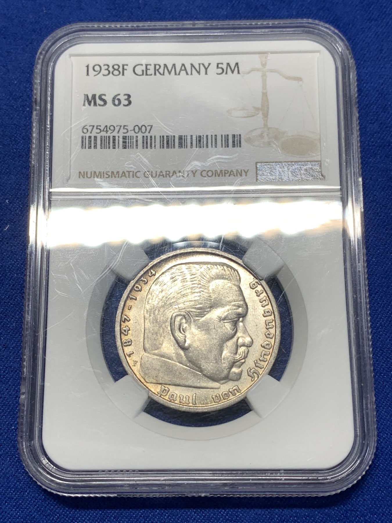 《竞宝斋》第260场-周日，周一，周二 3场连拍 (全场包邮) NGC MS63 德国1938F兴登堡原光5马克银币，发行量74W，少见厂别