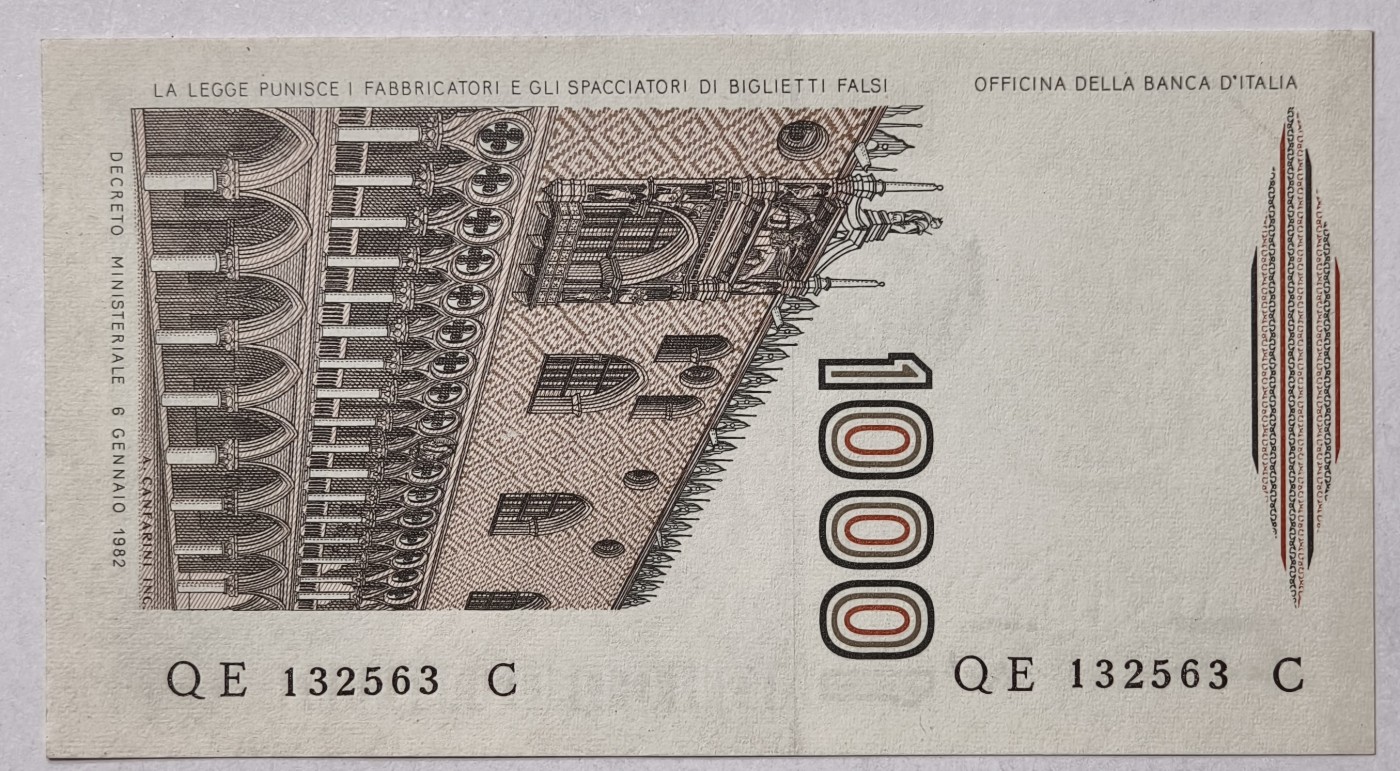 紫瑗钱币——第341期拍卖——纸币场 意大利 1982年 达·芬奇 1000里拉 UNC