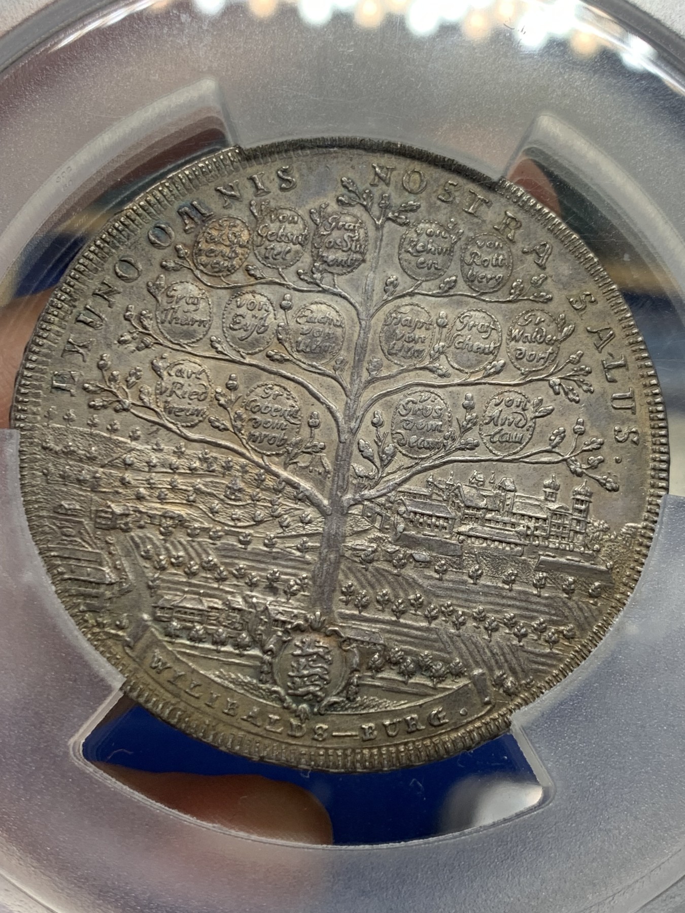 《竞宝斋》第260场-周日，周一，周二 3场连拍 (全场包邮) PCGS MS62 德国 1790 艾希施塔特教宗缺位2泰勒 56克德大银币 宗教色彩浓郁的一枚钱币，全知之眼与世界之树，大规格2T，自然深彩包浆 比白币上分更为难得