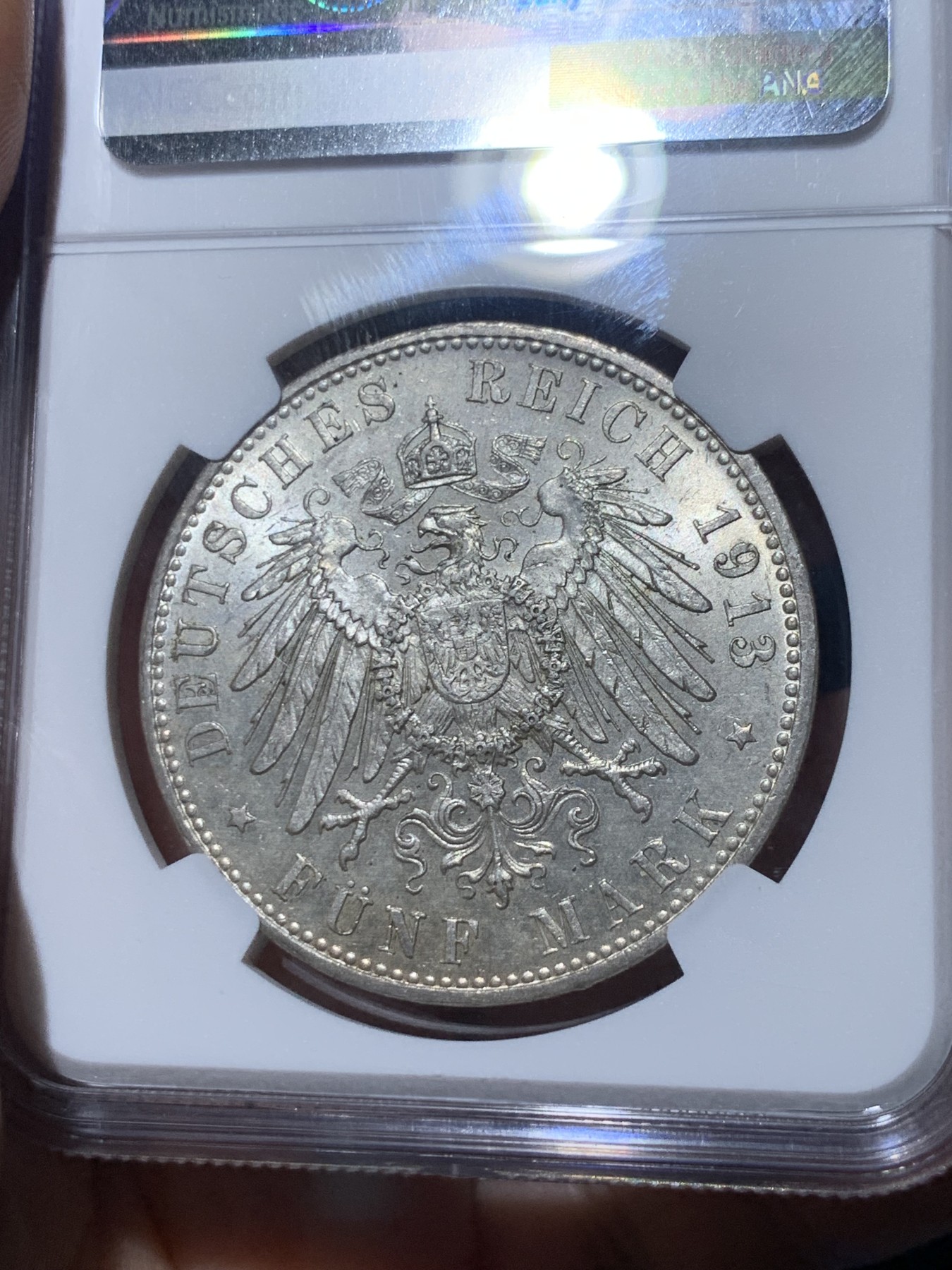 《竞宝斋》第260场-周日，周一，周二 3场连拍 (全场包邮) NGC MS61 德国 1913年 巴伐利亚 奥托国王 疯王 5马克 银币