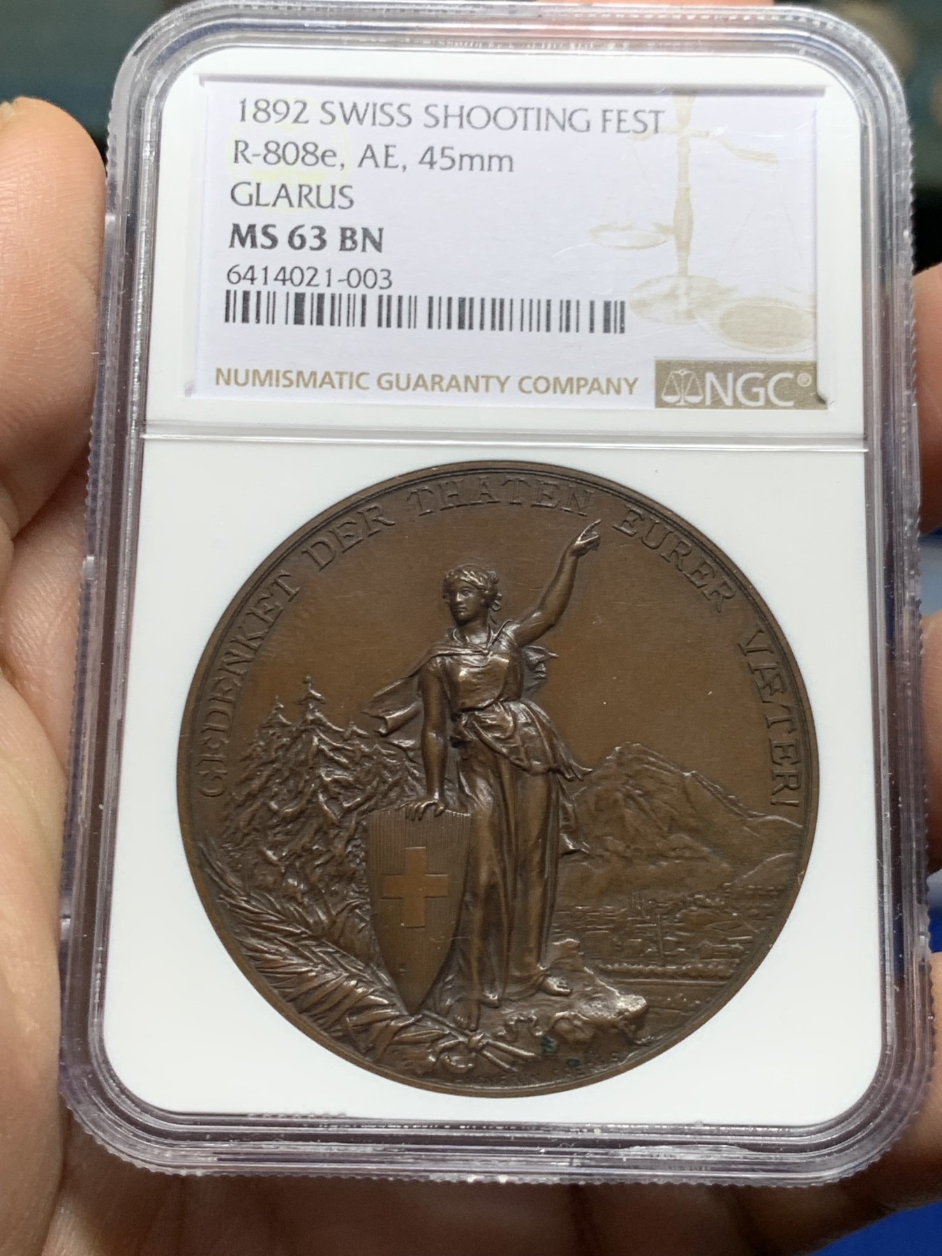 《竞宝斋》第260场-周日，周一，周二 3场连拍 (全场包邮) NGC MS63BN 瑞士1892年格拉鲁斯射击节铜章 双面均高浮雕工艺 巧克力包浆非常漂亮