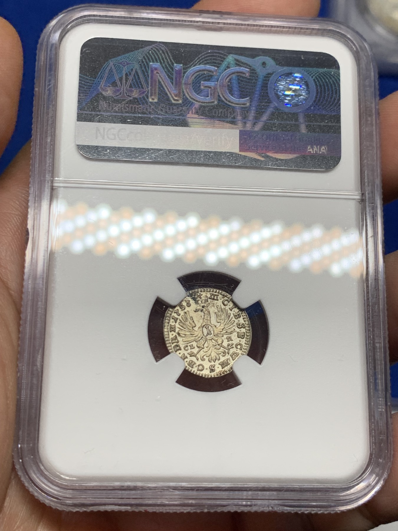 《竞宝斋》第260场-周日，周一，周二 3场连拍 (全场包邮) 季军分 NGC MS62 德国1753年勃兰登堡-拜罗伊特1克鲁泽小银币，特别漂亮。