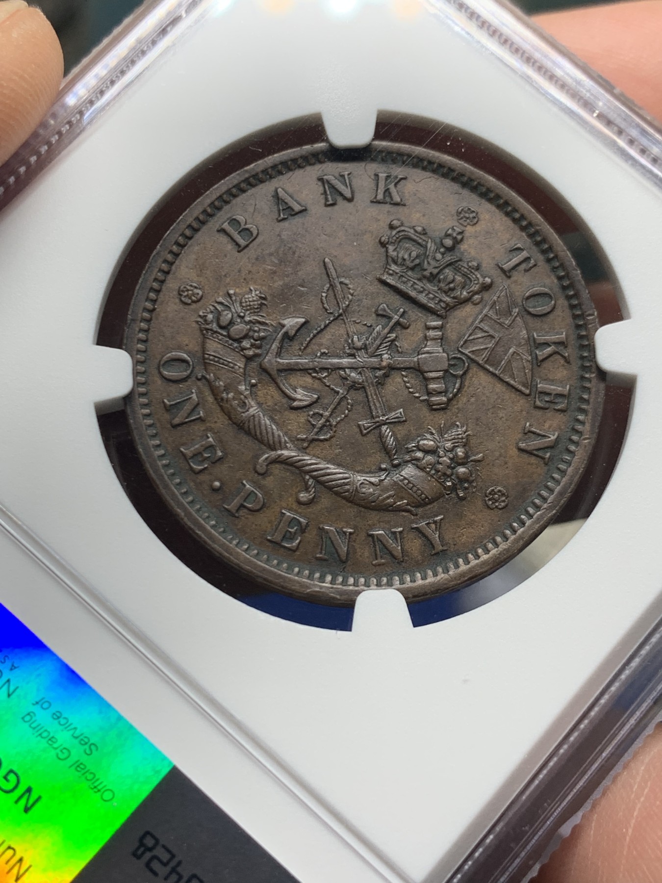 《竞宝斋》第260场-周日，周一，周二 3场连拍 (全场包邮) NGC AU55BN 加拿大 1857年 1便士 铜币 加拿大银行代币 （圣乔治屠龙筋币，浮雕完整，包浆醇厚）