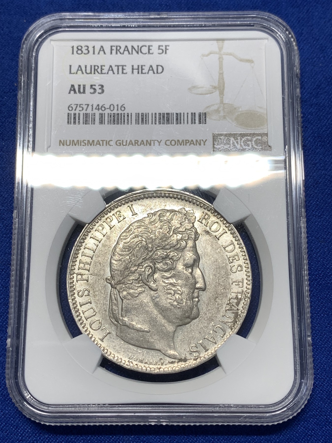 《竞宝斋》第260场-周日，周一，周二 3场连拍 (全场包邮) NGC AU53 法国1831年5法郎银币