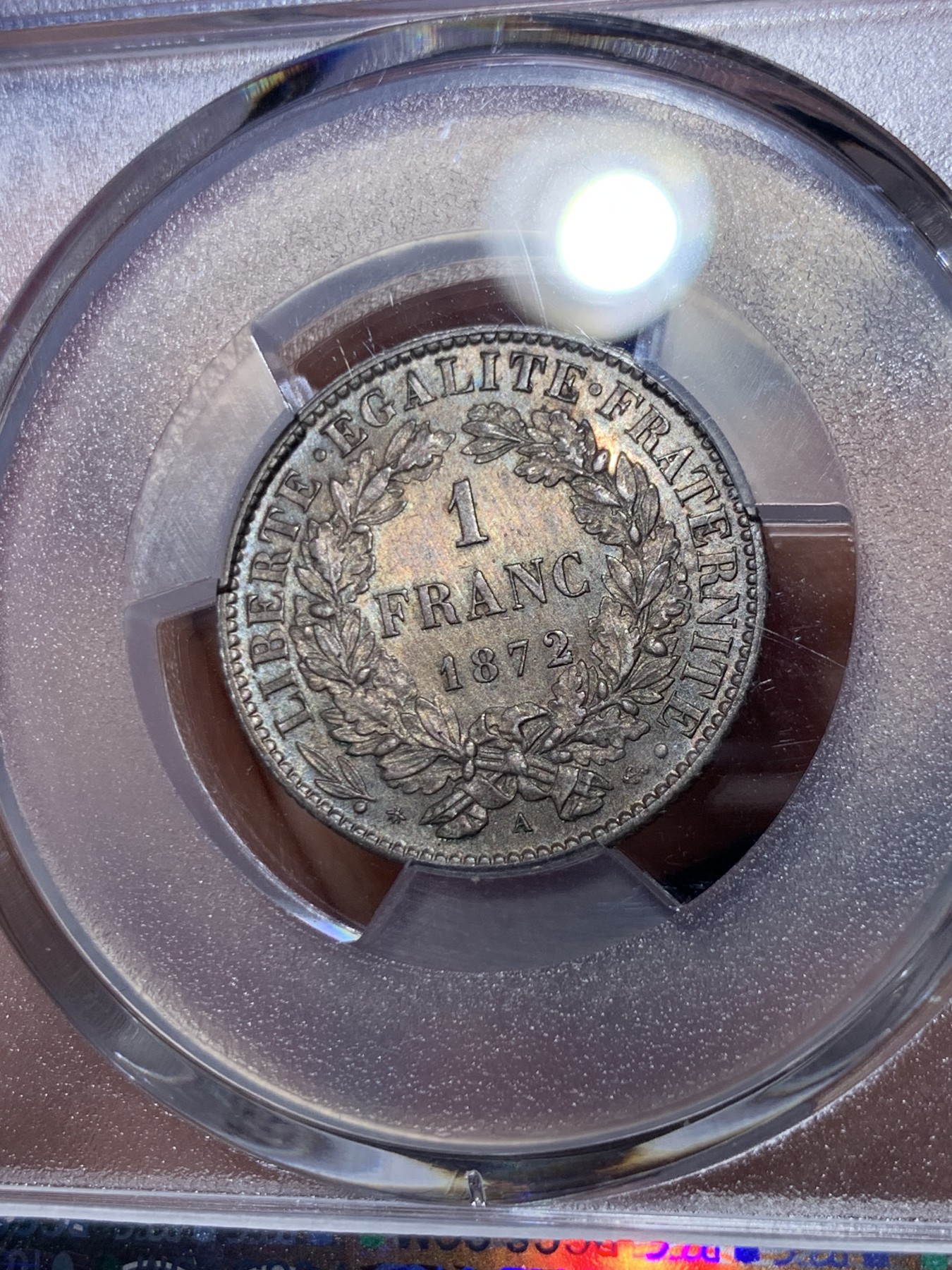 《竞宝斋》第260场-周日，周一，周二 3场连拍 (全场包邮) PCGS UNCD 法国 1872年谷物女神1法郎银币 双面五彩包浆 无明显划丝 有官网高清照