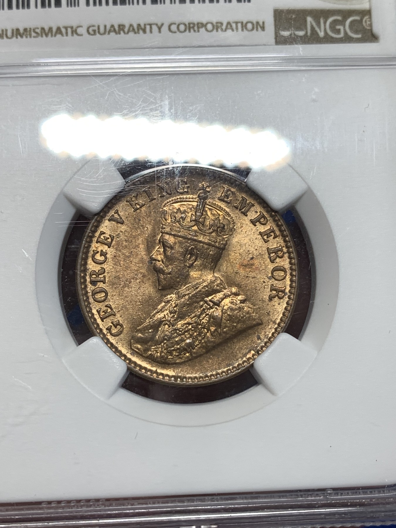 《竞宝斋》第260场-周日，周一，周二 3场连拍 (全场包邮) NGC MS64RB 印度 1929年 乔治五世1/4安娜