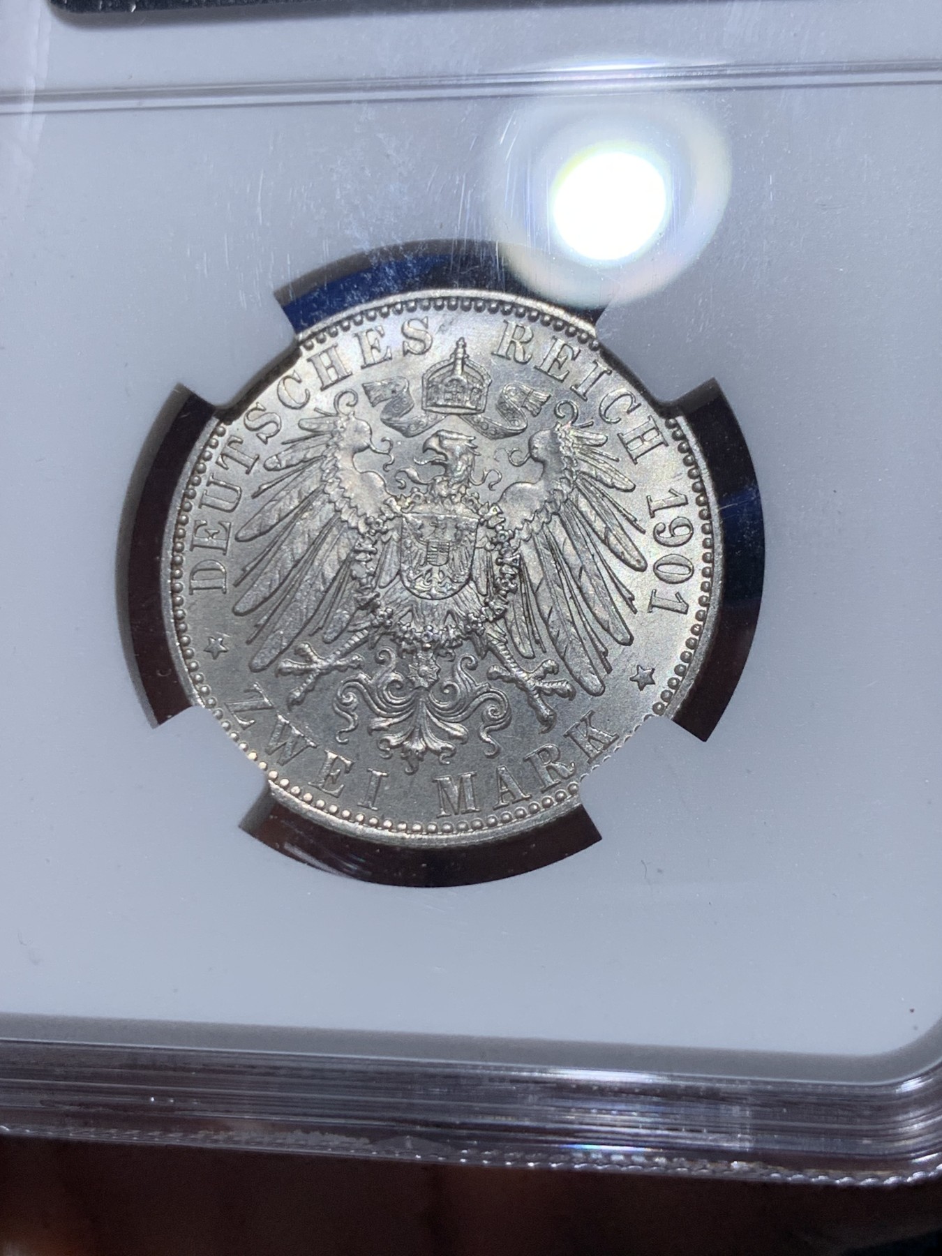 《竞宝斋》第260场-周日，周一，周二 3场连拍 (全场包邮) NGC MS62 德国普鲁士1901年200周年纪念2马克银币 原光好品