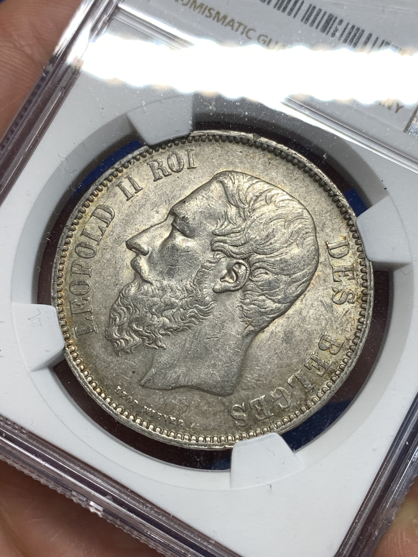 《竞宝斋》第260场-周日，周一，周二 3场连拍 (全场包邮) NGC AU58 比利时1870年利奥波德二世5法郎银币