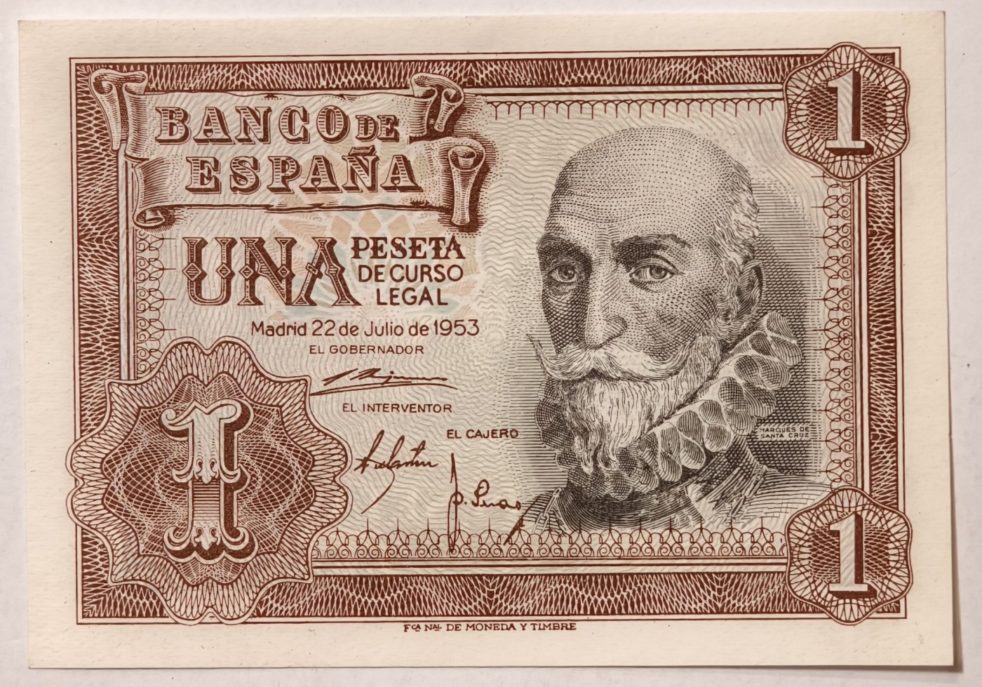 紫瑗钱币——第341期拍卖——纸币场 西班牙 1953年 阿尔瓦罗 1比塞塔 UNC (p-144a)